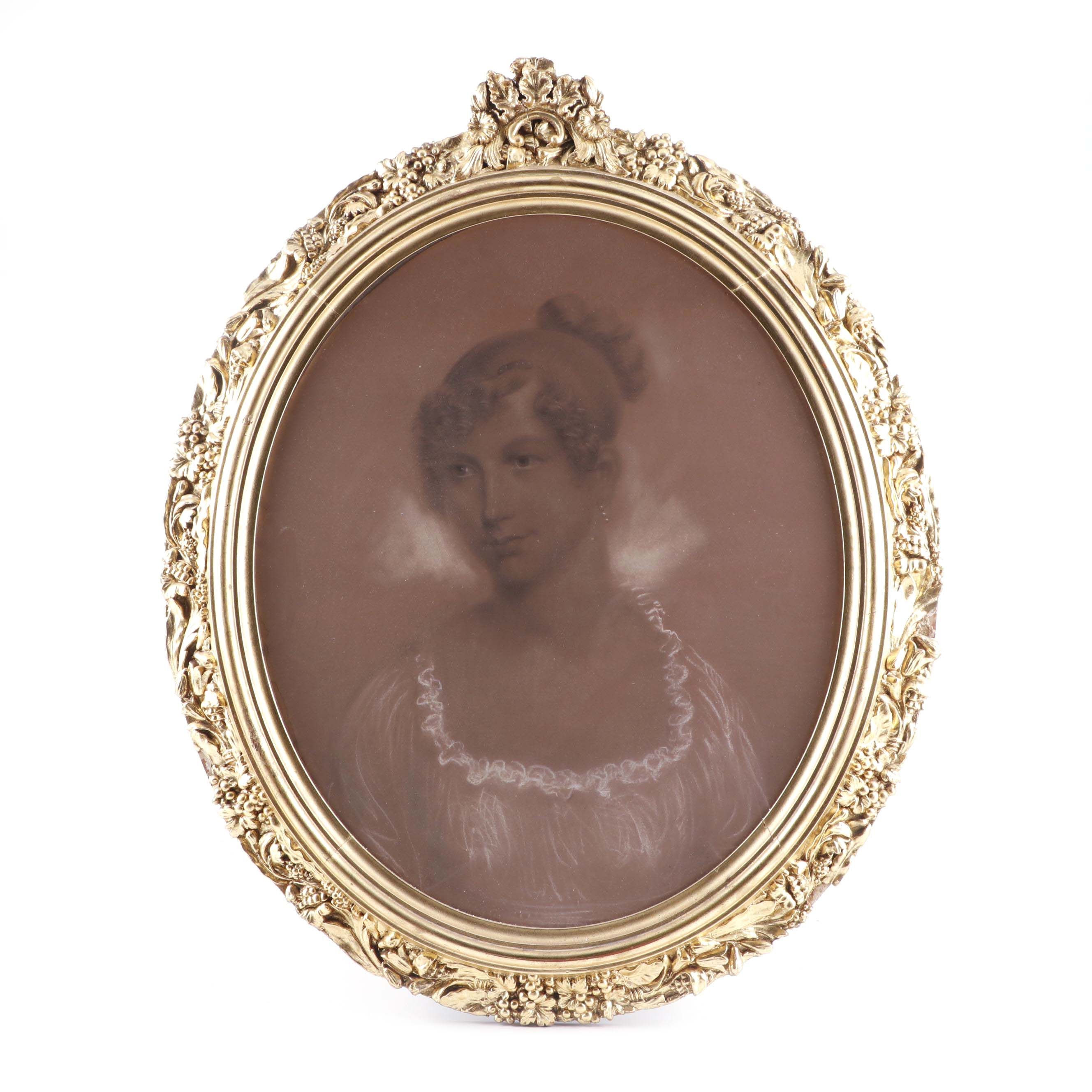 Antique Oval Charcoal Portrait of Young Woman