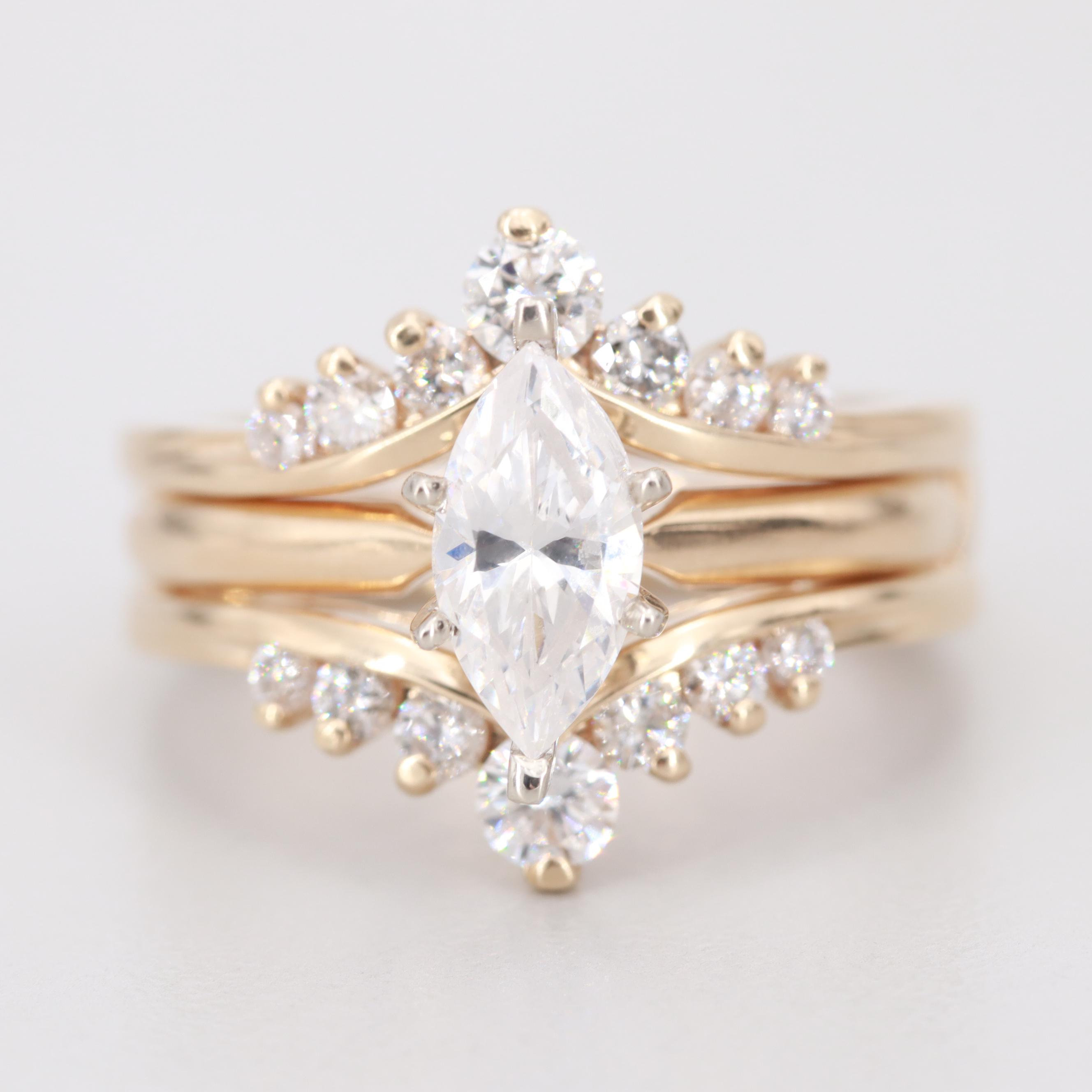 14K Yellow Gold Diamond Ring Jacket With 14K Gold Cubic Zirconia Solitaire