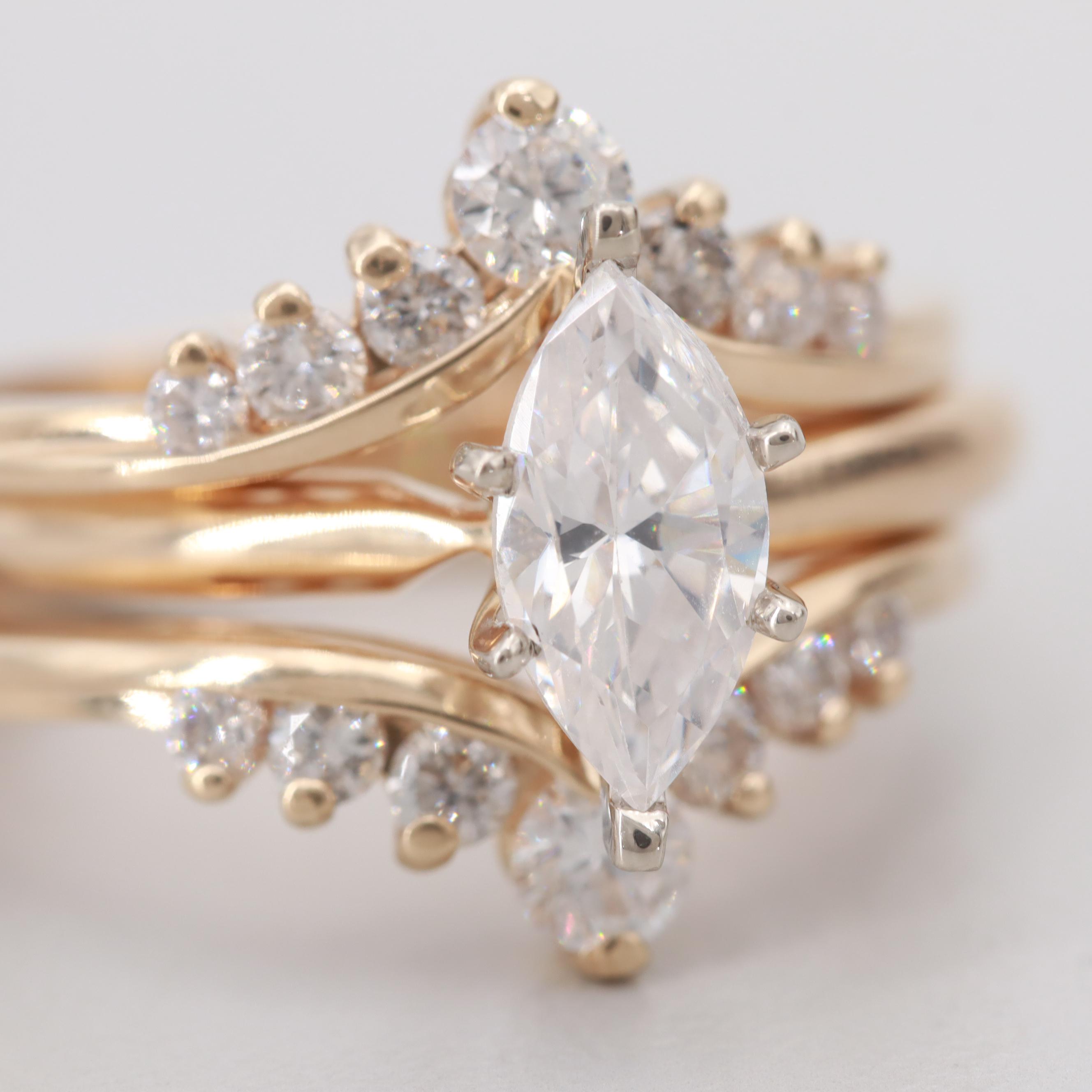 14K Yellow Gold Diamond Ring Jacket With 14K Gold Cubic Zirconia Solitaire