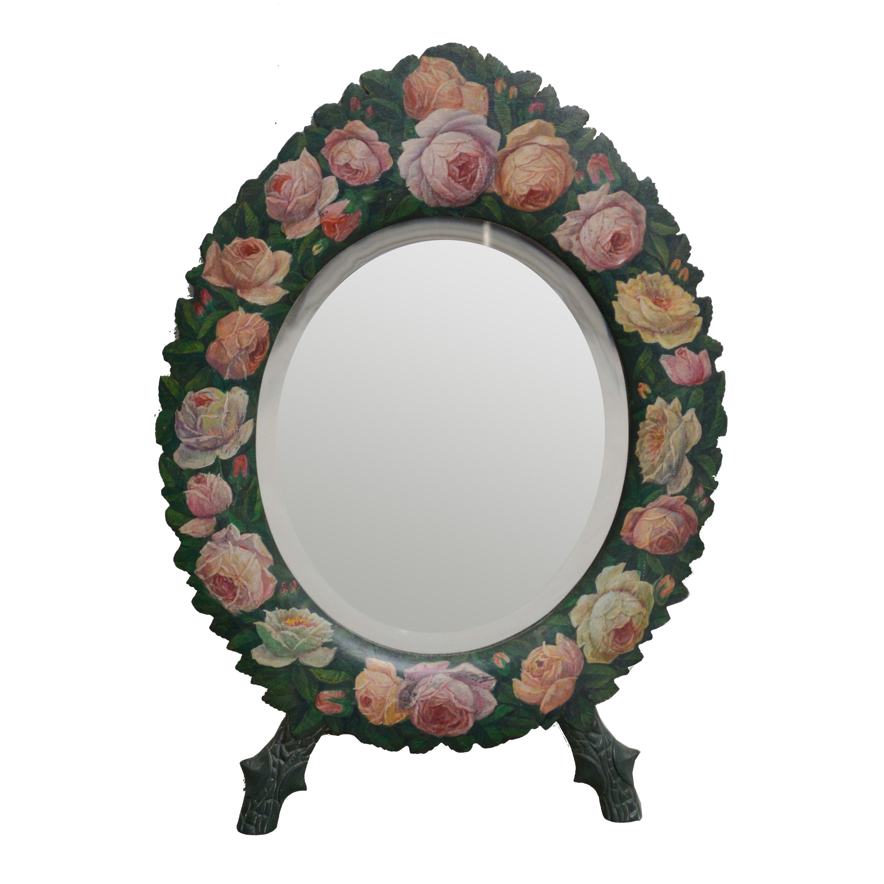 Floral Painted Wall Mount Mirror, Mid/Late 20th Century