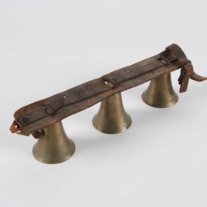 Brass and Leather Sleigh Bell Strap, Early 20th Century