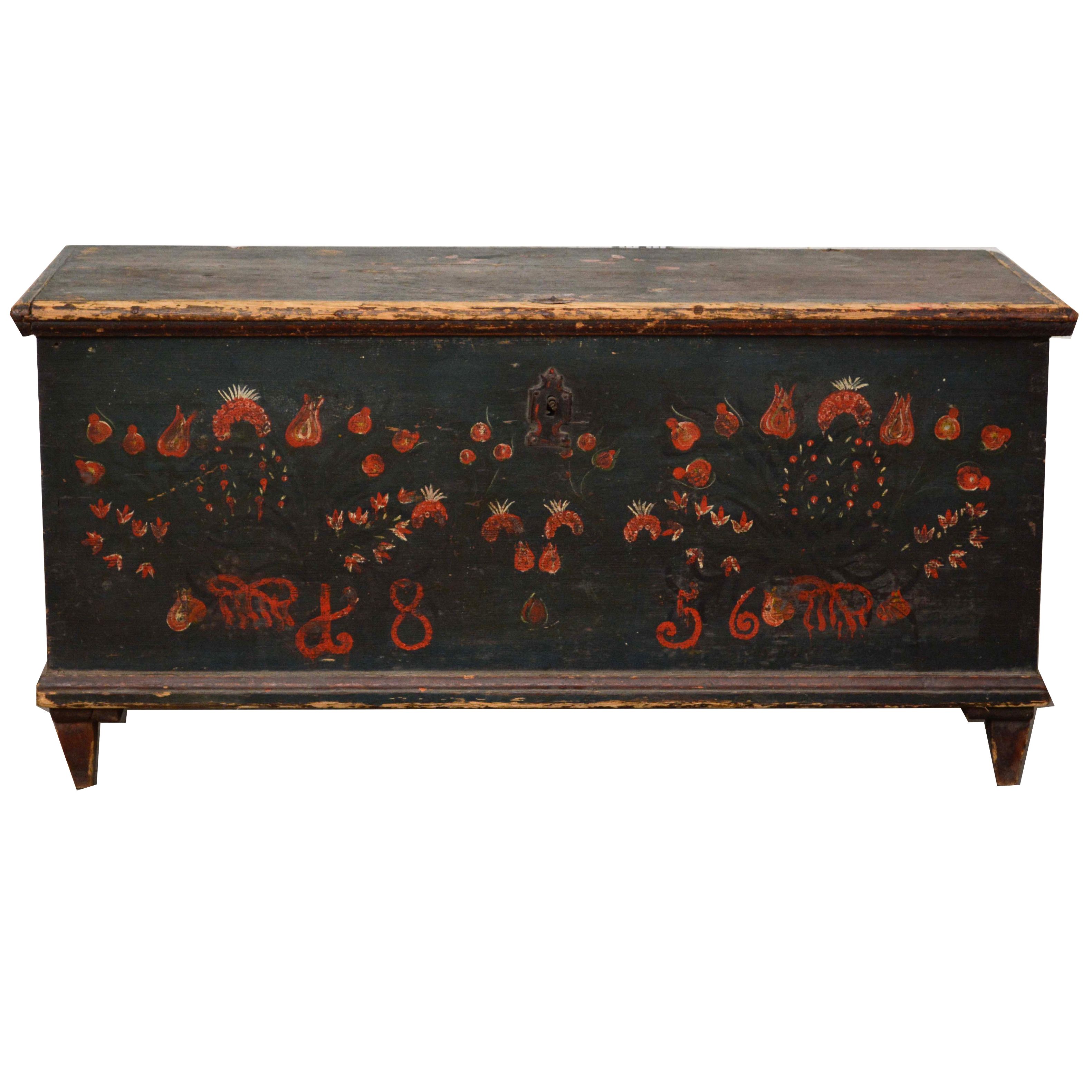 Swedish Paint-Decorated Pine Trunk, dated 1856