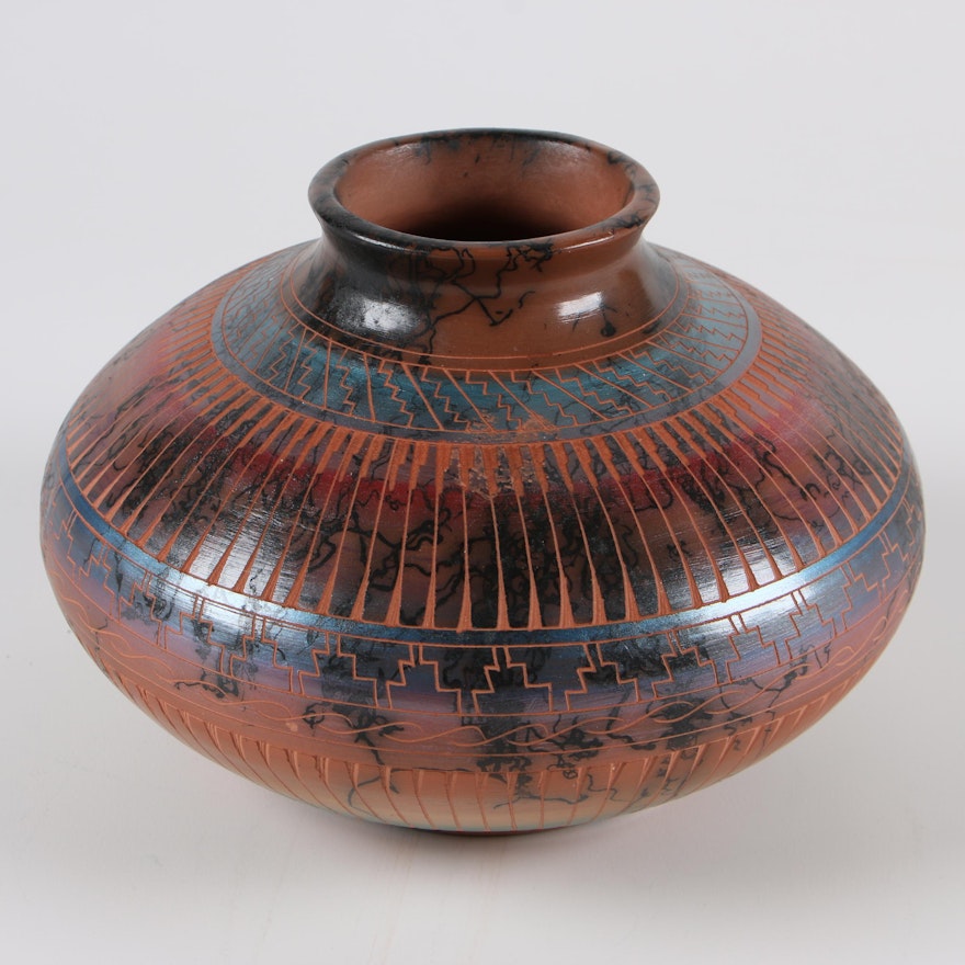 "S. Johnson Navajo" Sgraffito Horsehair Raku Polychrome Redware Vase