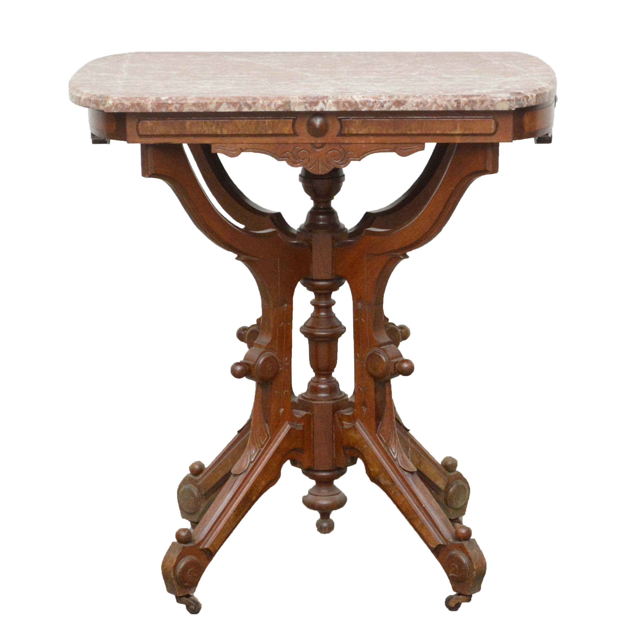 Victorian Walnut and Pink Marble Side Table, Late 19th Century