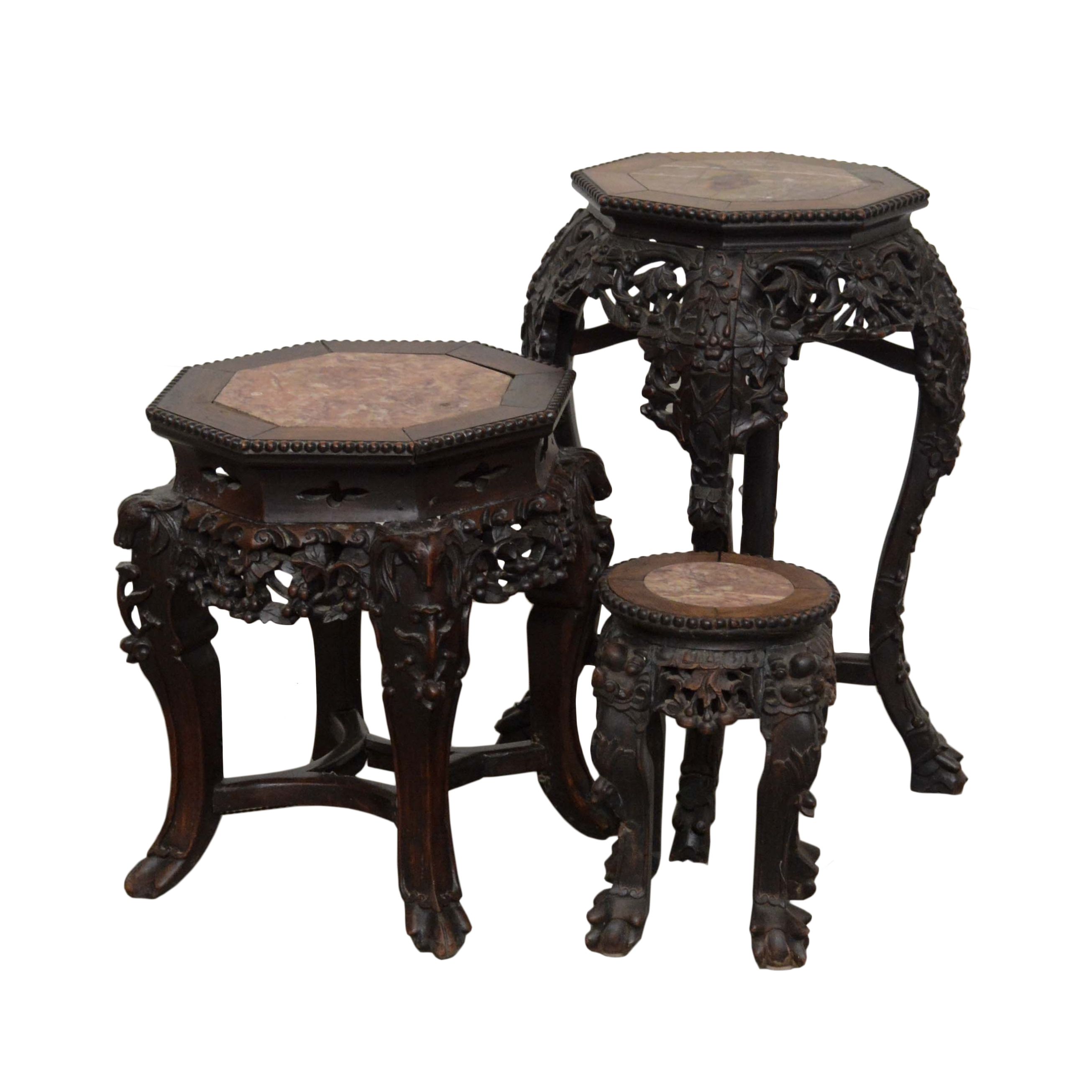 Chinese Carved Wood and Marble Plant Stands, Early/Mid 20th Century