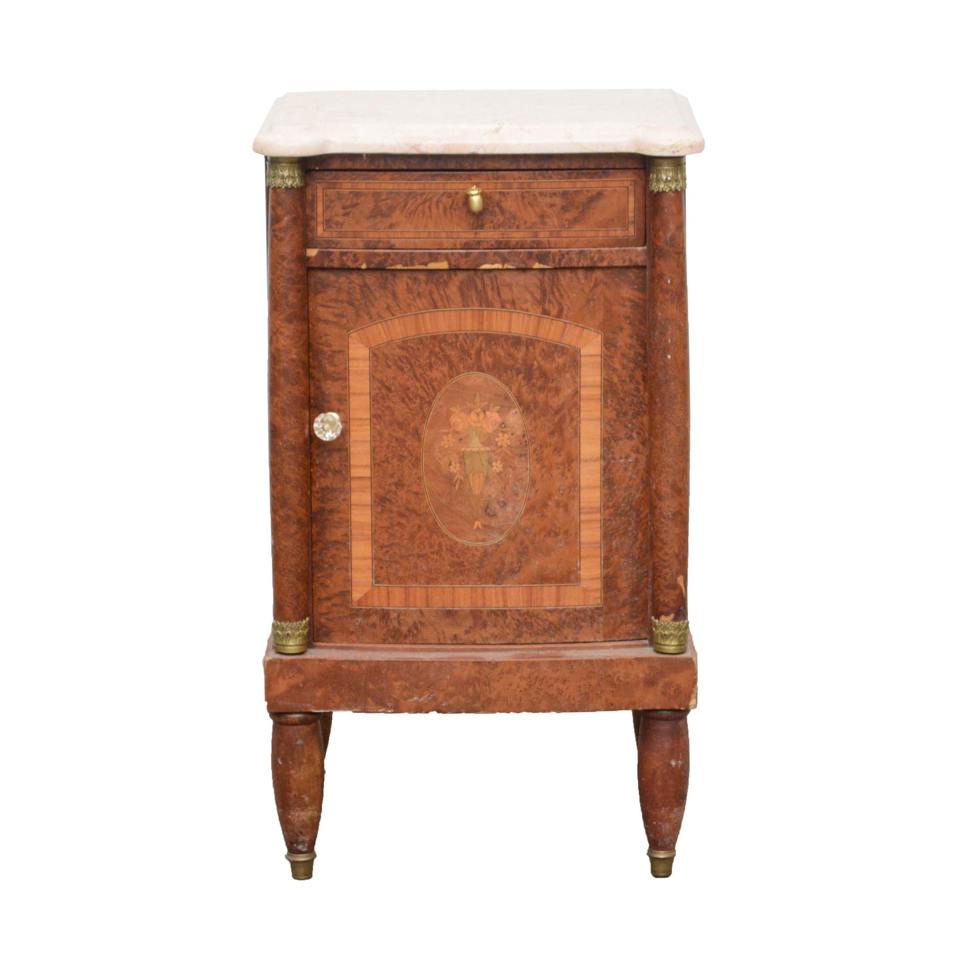 Italian Burr Elm, Marquetry, and Marble Bedside Cabinet, Early 20th Century