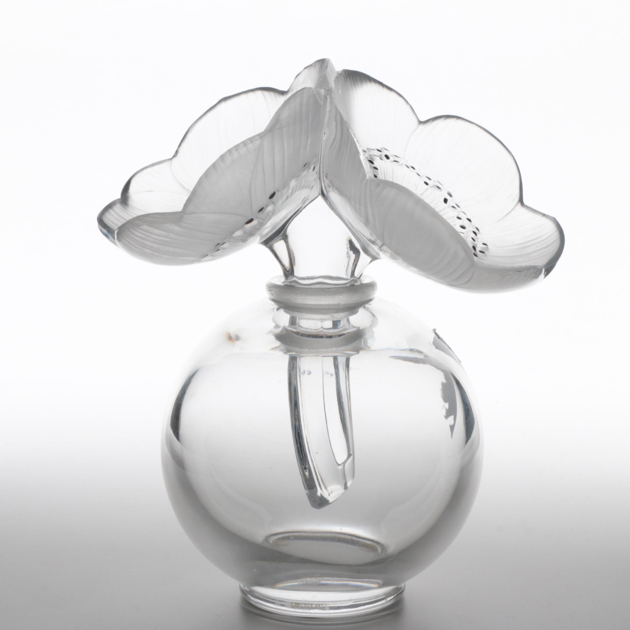 Rene Lalique "Les Anemones" Large Perfume Bottle and Flowers, Made in France