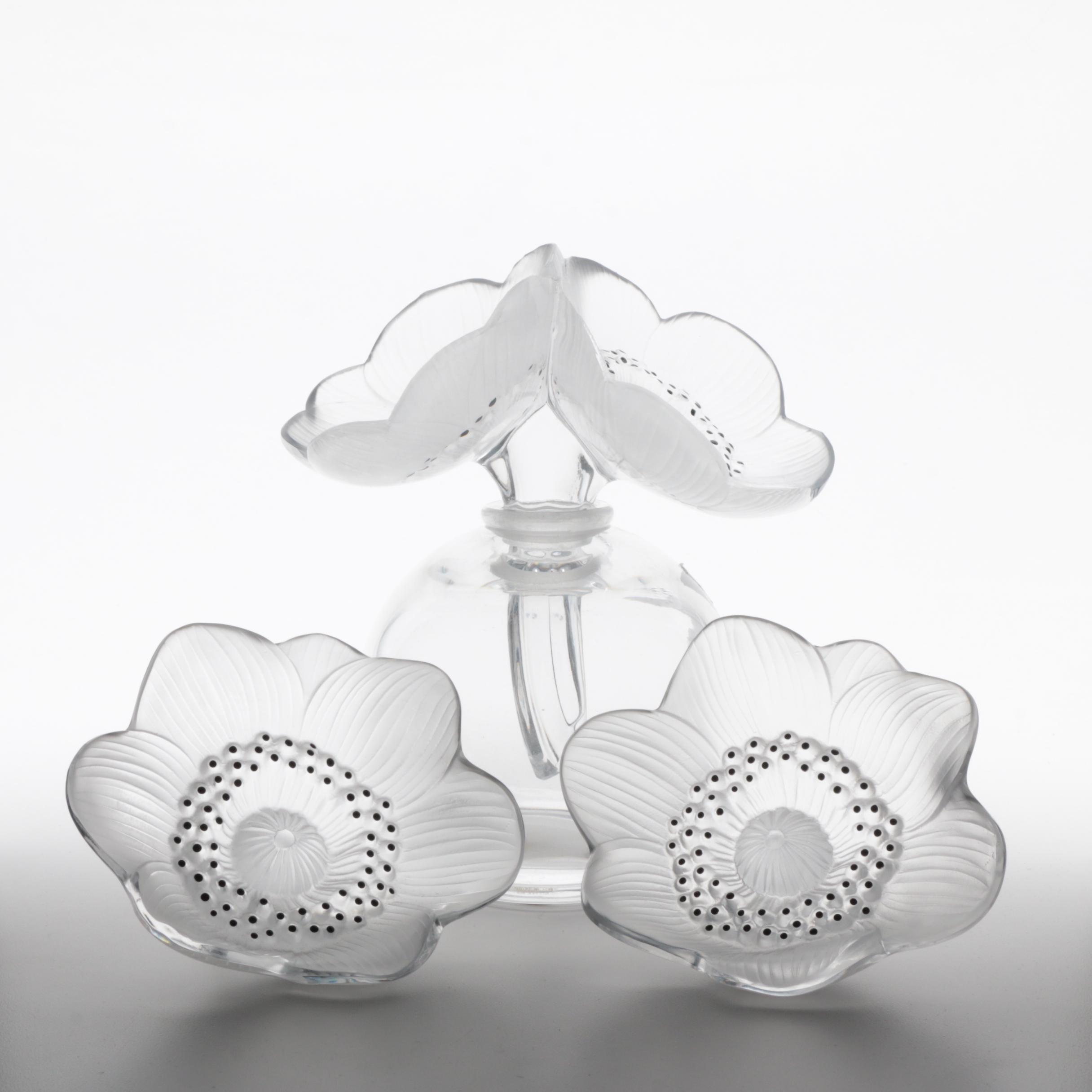 Rene Lalique "Les Anemones" Large Perfume Bottle and Flowers, Made in France