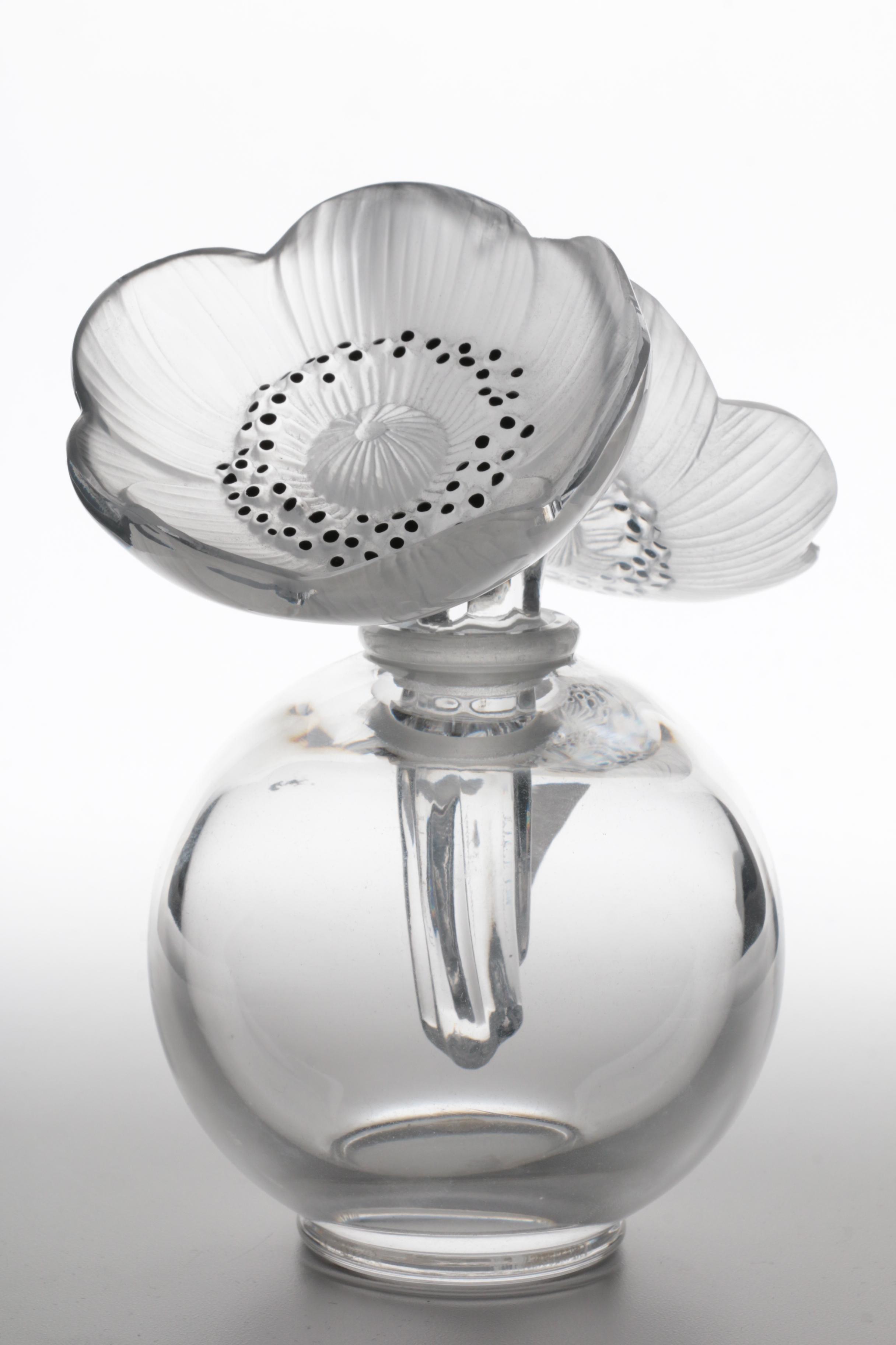 Rene Lalique "Les Anemones" Large Perfume Bottle and Flowers, Made in France