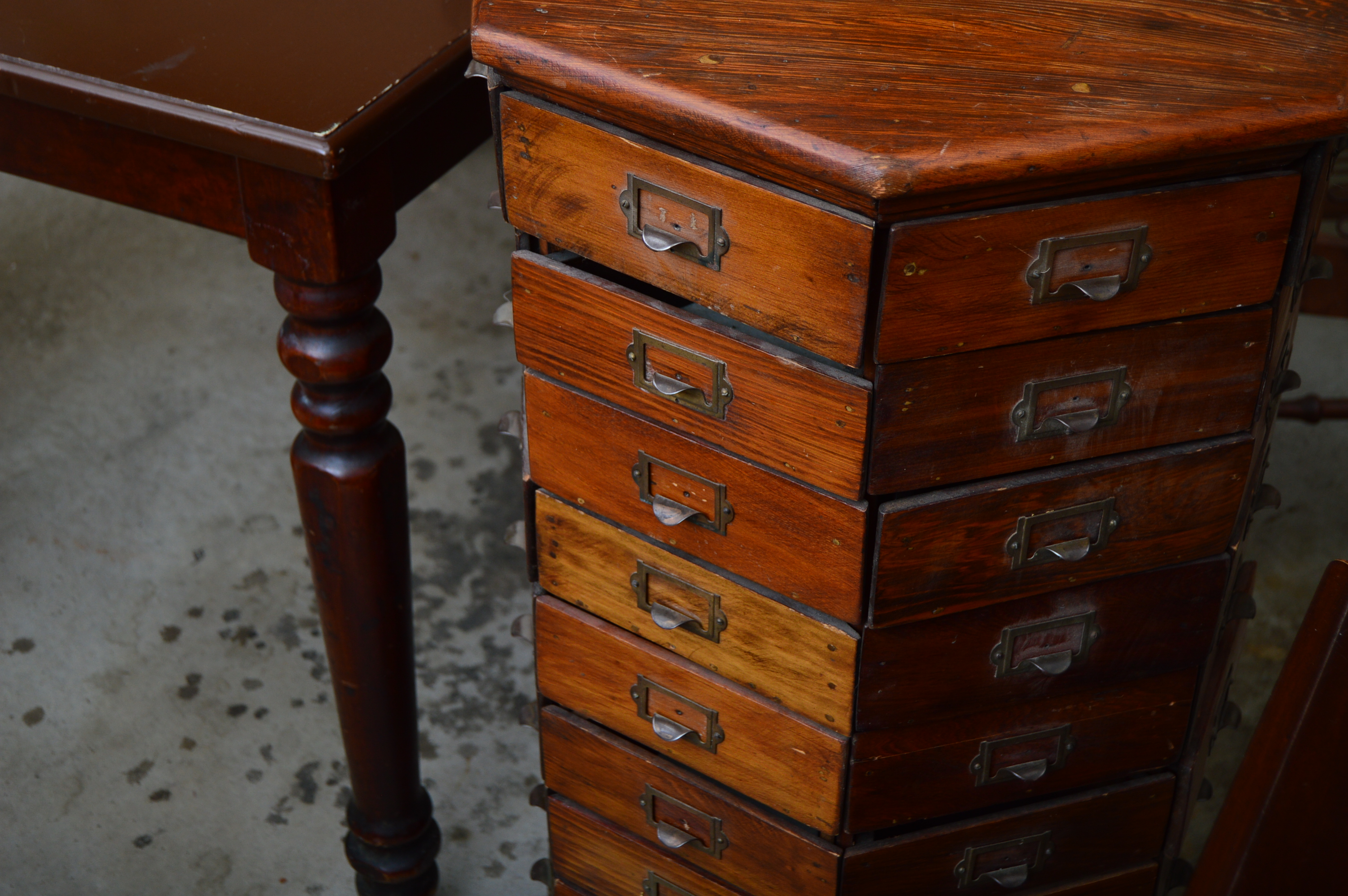 Vintage Hexagonal Pine Revolving Hardware Cabinet
