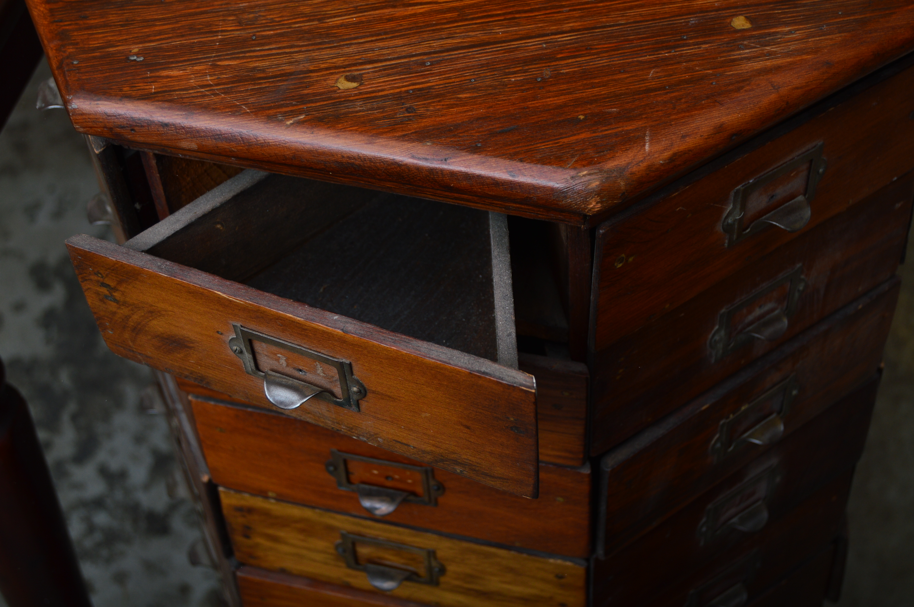 Vintage Hexagonal Pine Revolving Hardware Cabinet