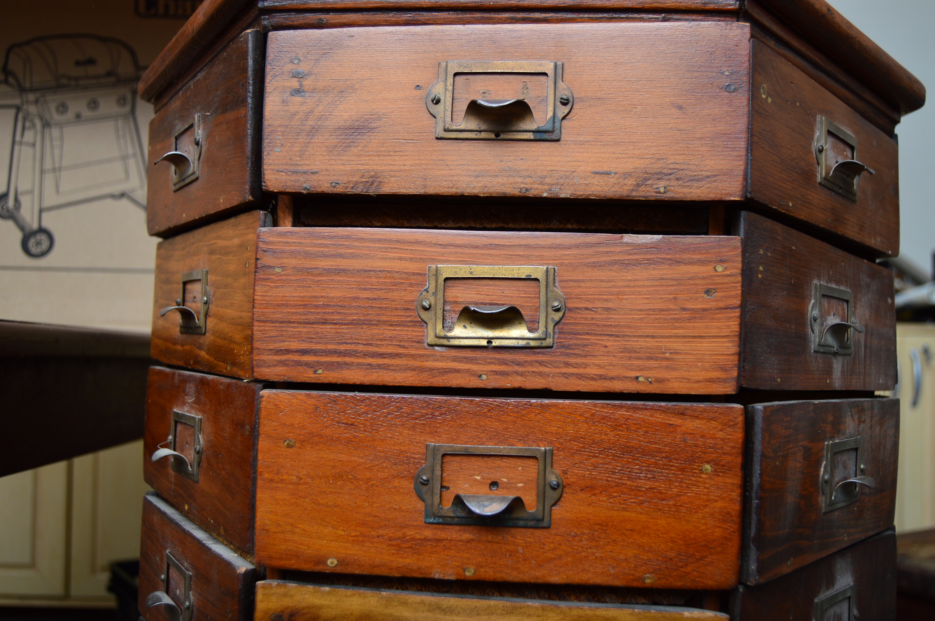 Vintage Hexagonal Pine Revolving Hardware Cabinet