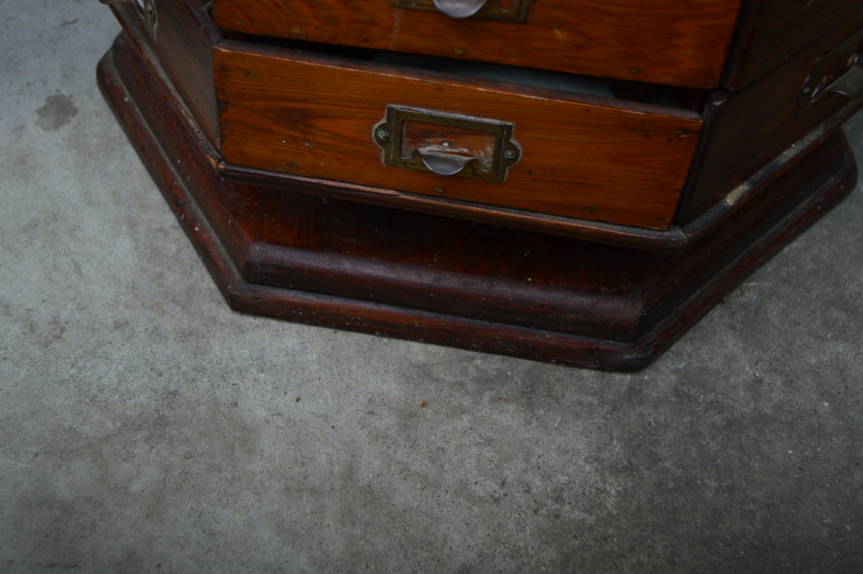 Vintage Hexagonal Pine Revolving Hardware Cabinet