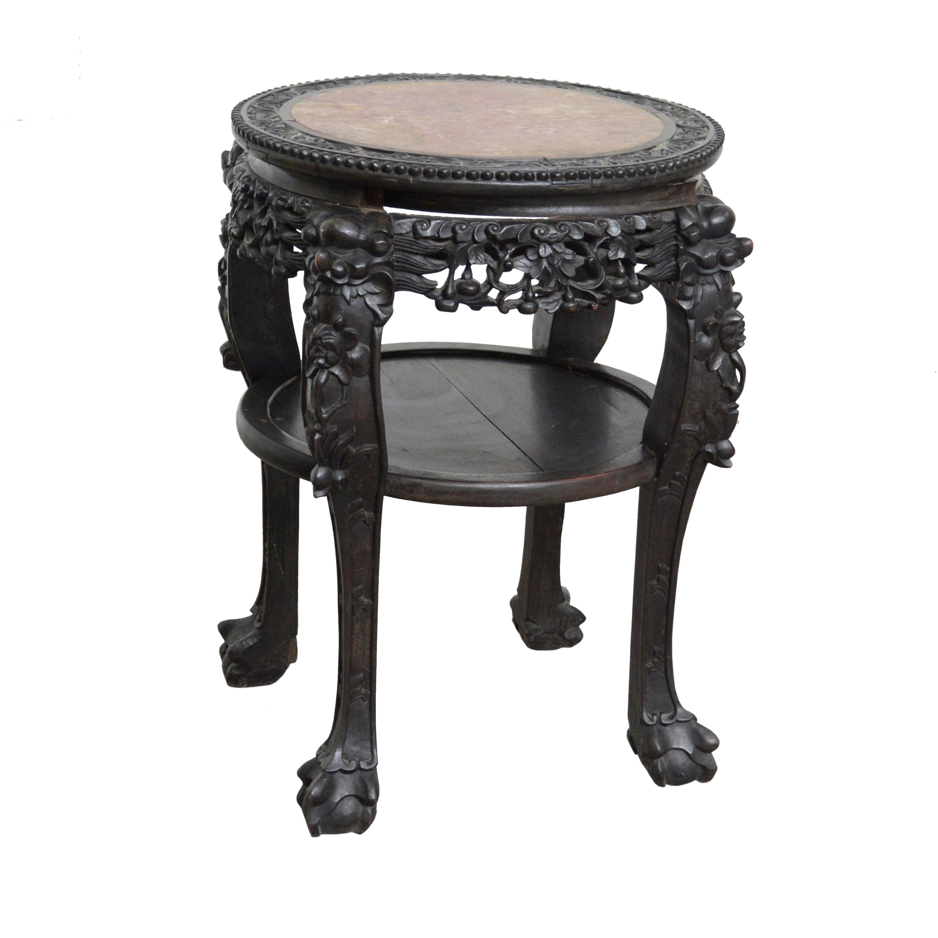 Chinese Carved Wood and Marble Plant Stand, Mid 20th Century