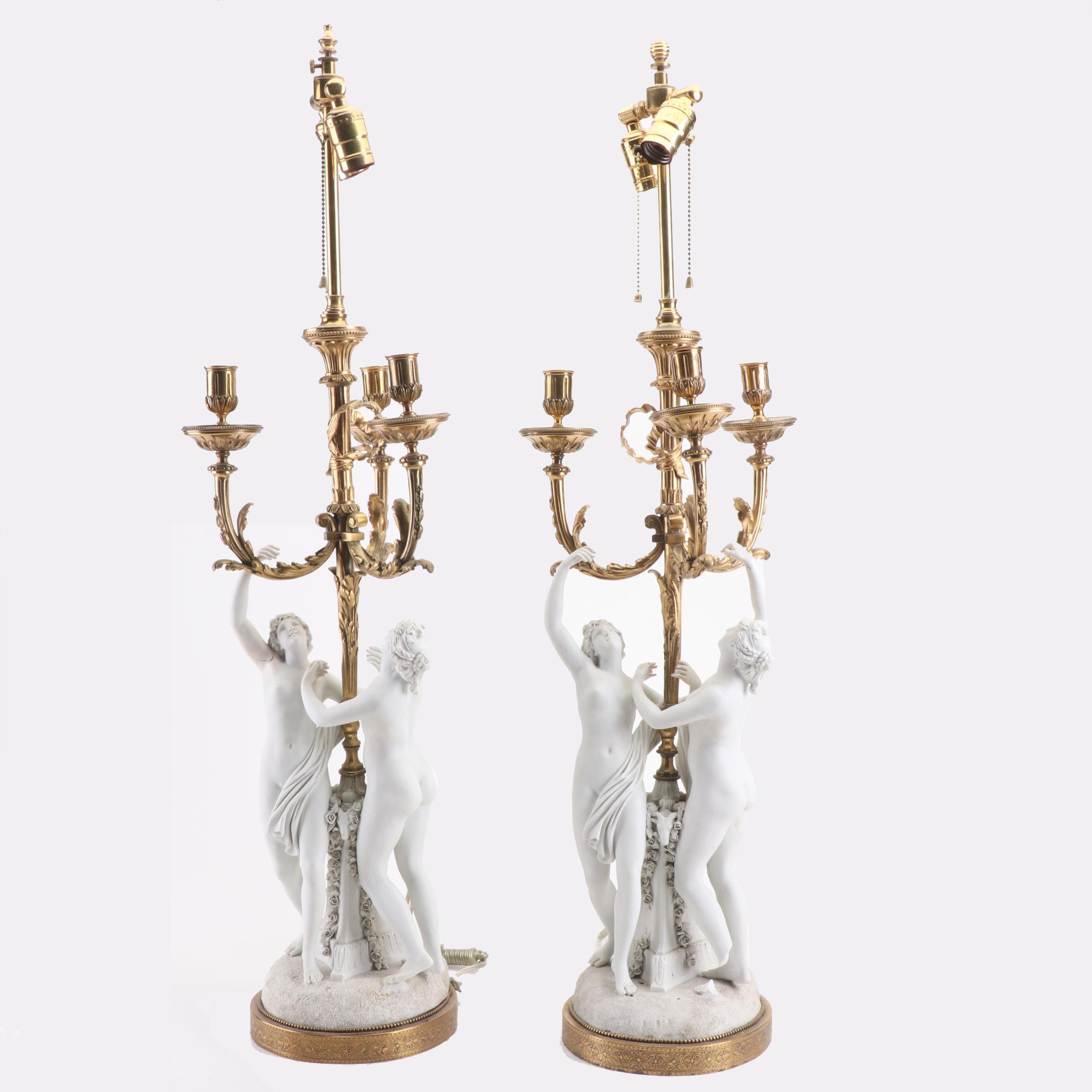 Neoclassical Bisque Porcelain Figural and Gilded Metal Candelabra Table Lamps
