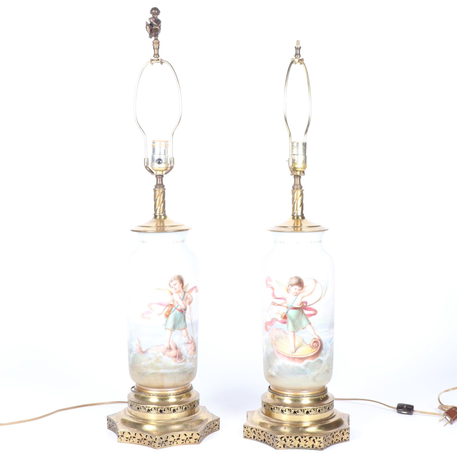 Hand-Painted Glass Table Lamps with Putti Portraits