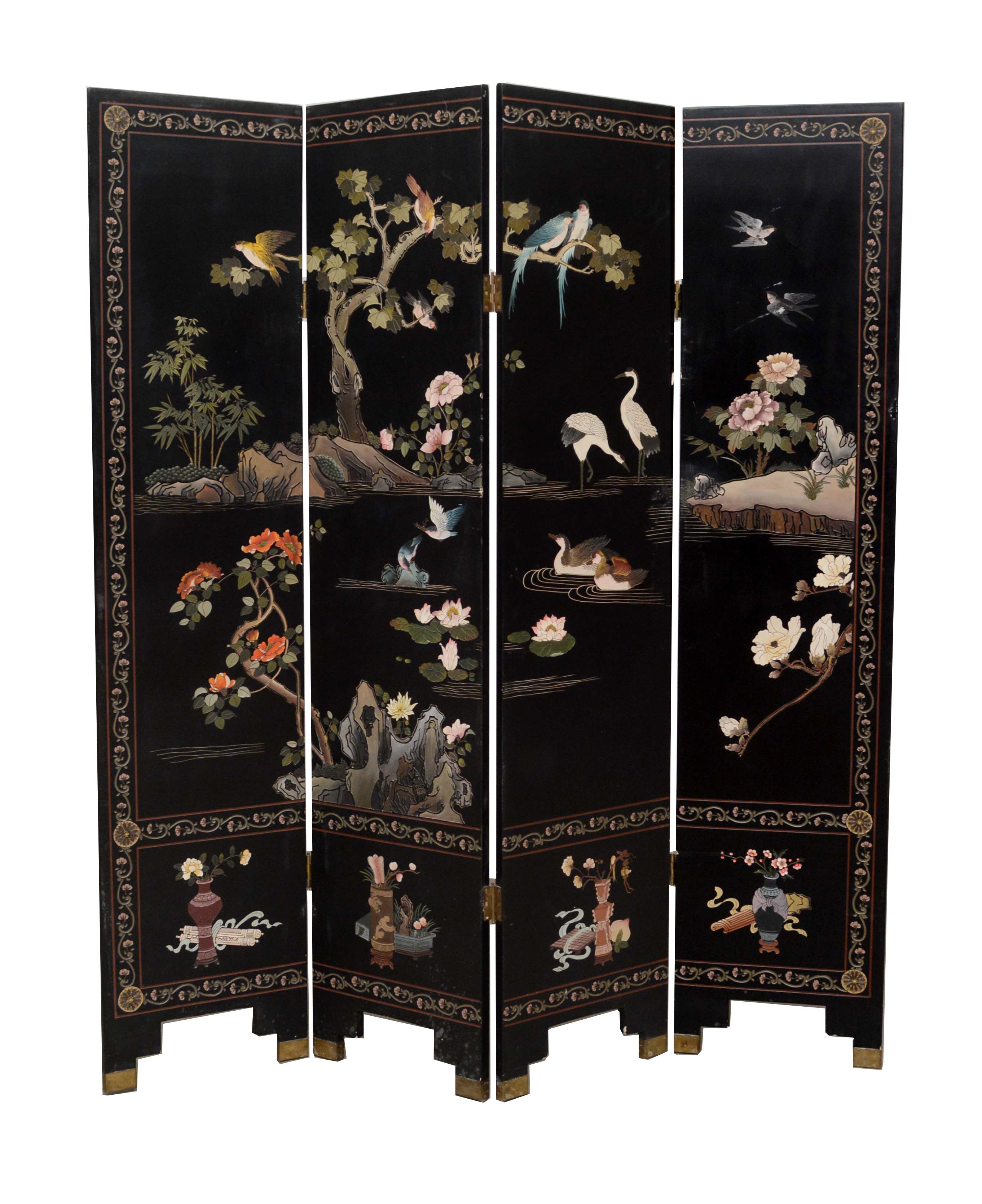 Chinese Black Lacquer and Paint-Decorated Four-Panel Screen, 20th Century