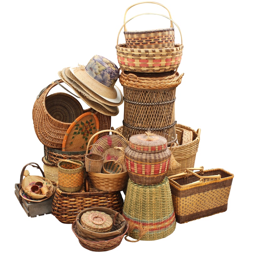 Collection of Hand Woven Decor Including Baskets and Straw Hats