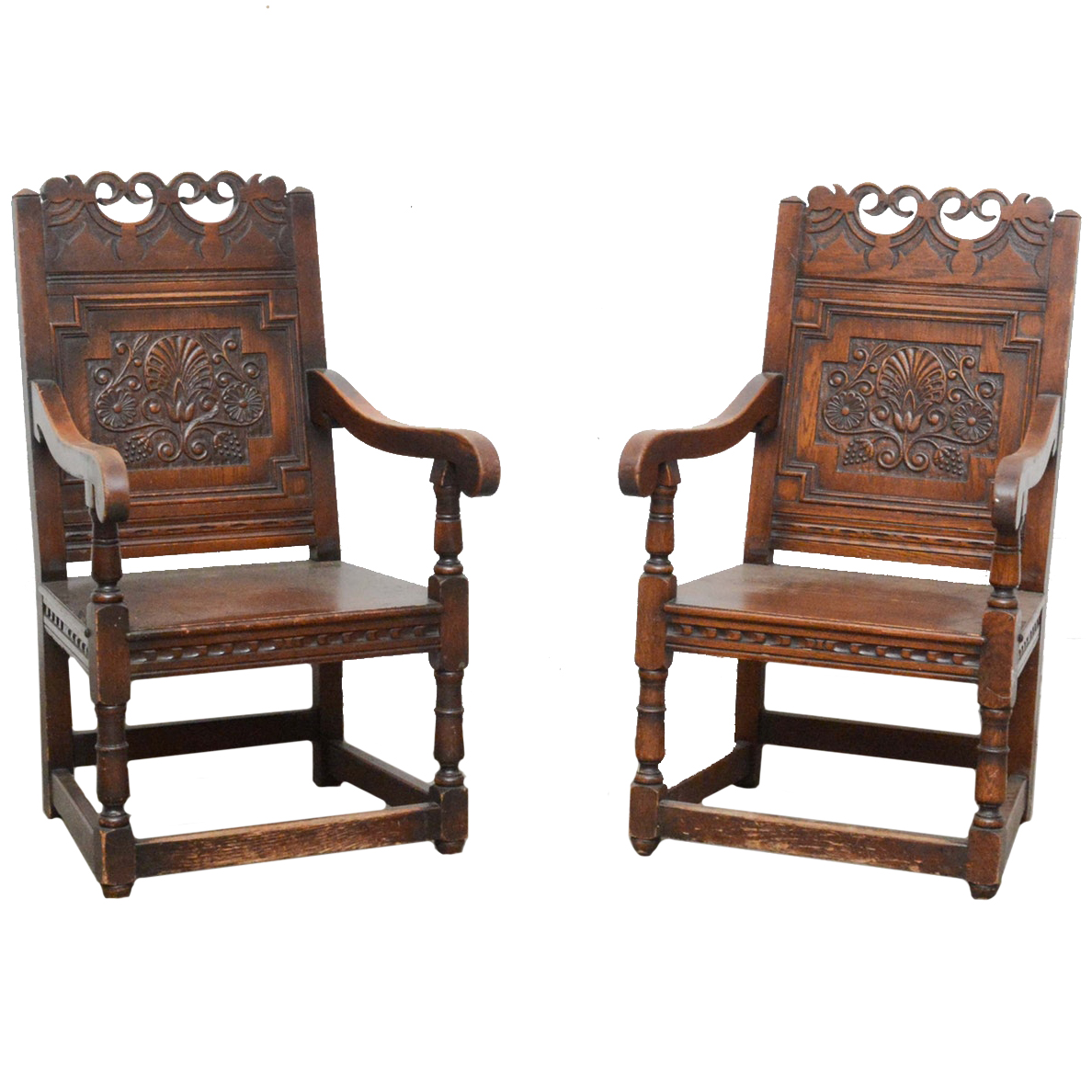 Pair of Charles II Style Oak Panel-Back Armchairs, 20th Century