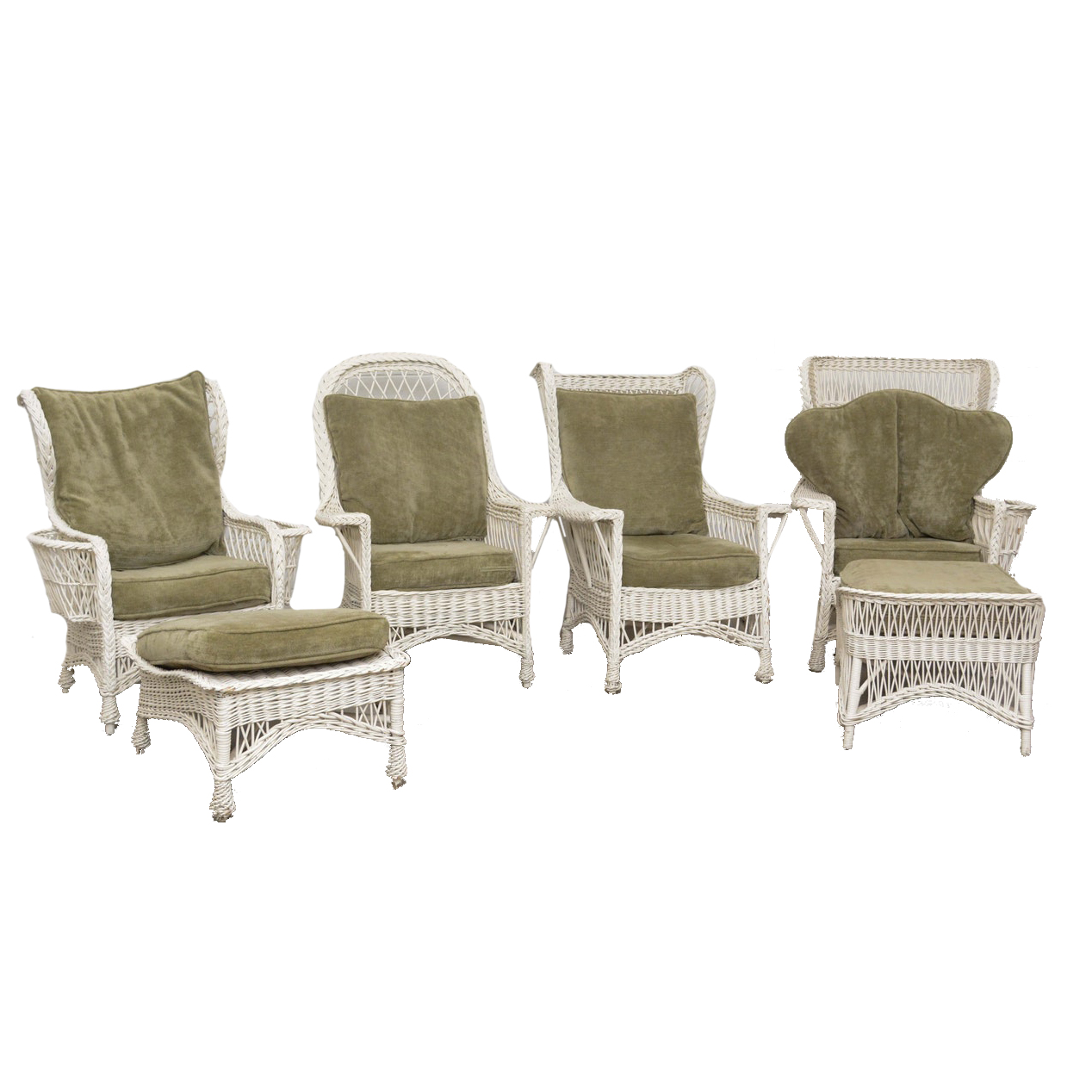 Painted Wicker Weave Armchairs with Ottomans, Mid-20th Century