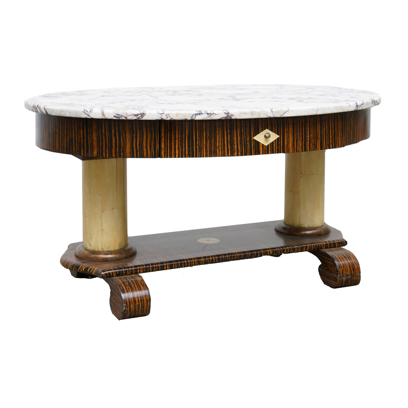 Art Deco Style Painted-Calamander & White Marble Coffee Table by Wolverine Mfg.