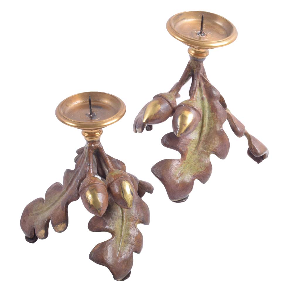 Arte Firenze Cast Brass Oak Leaf and Acorn Candlesticks