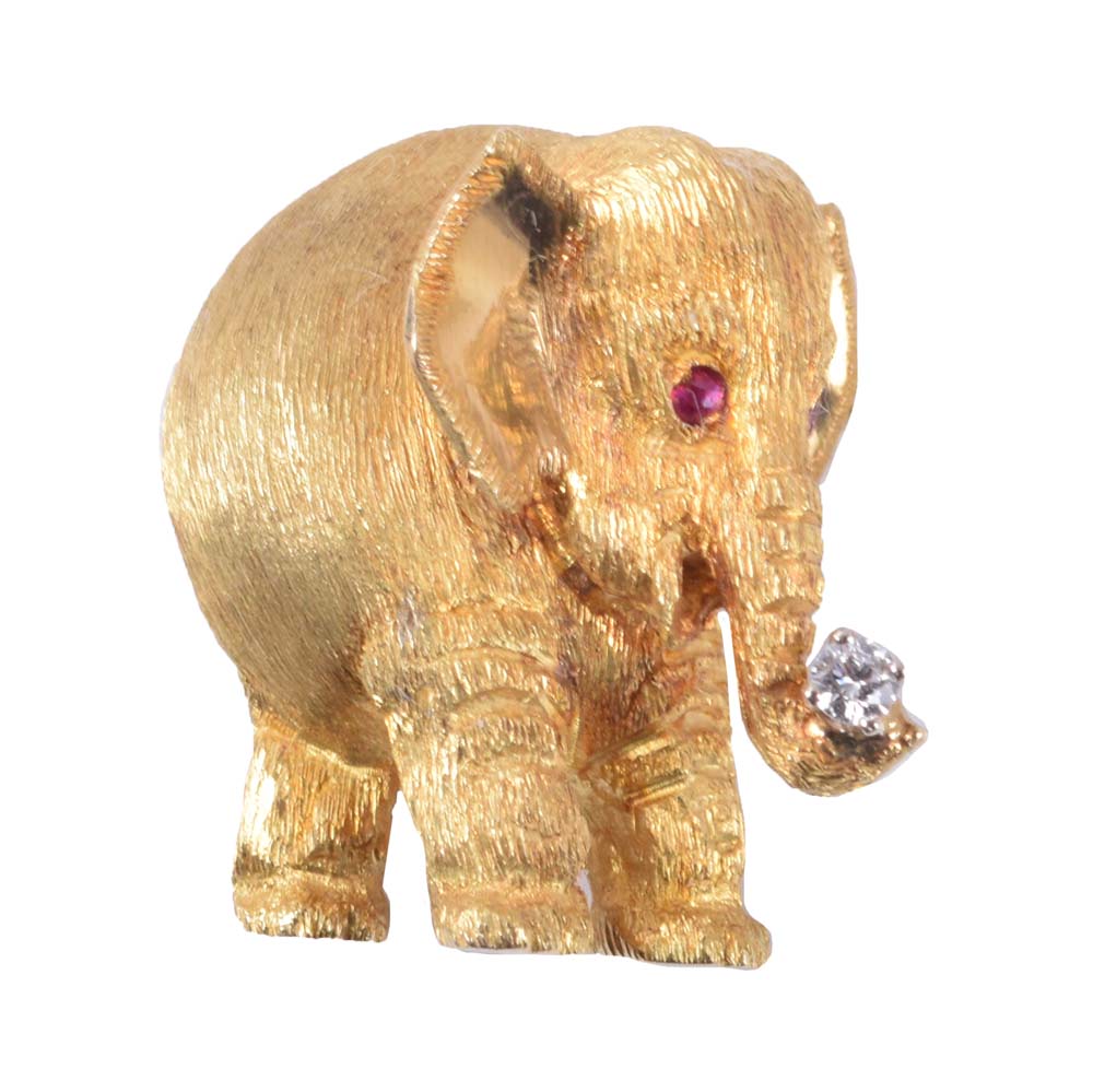 18K Yellow Gold, Diamond, and Ruby Elephant Brooch