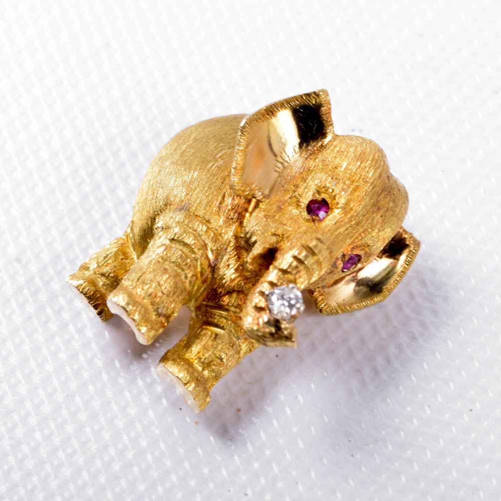 18K Yellow Gold, Diamond, and Ruby Elephant Brooch