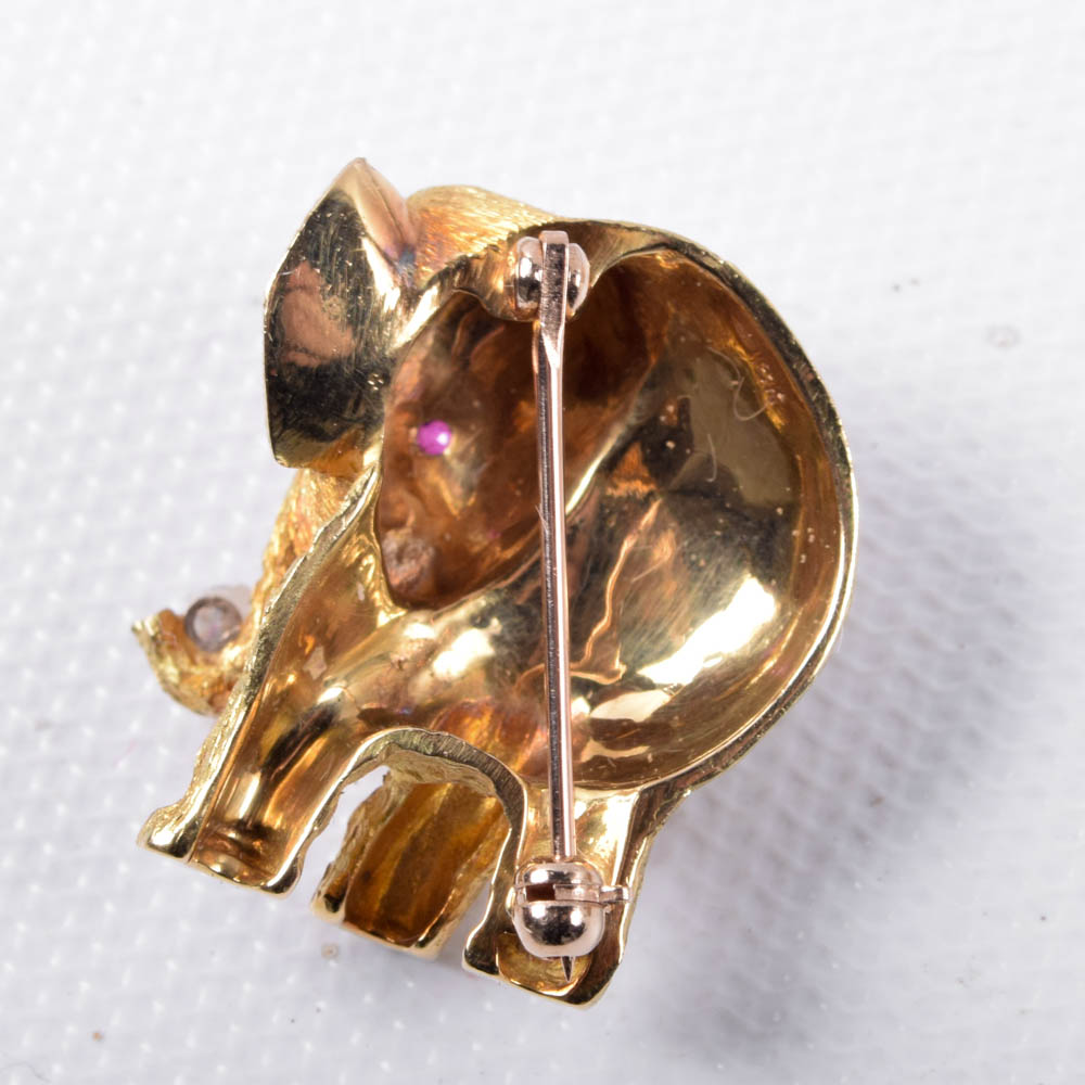 18K Yellow Gold, Diamond, and Ruby Elephant Brooch