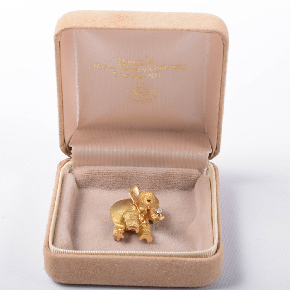 18K Yellow Gold, Diamond, and Ruby Elephant Brooch