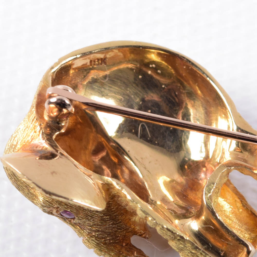 18K Yellow Gold, Diamond, and Ruby Elephant Brooch