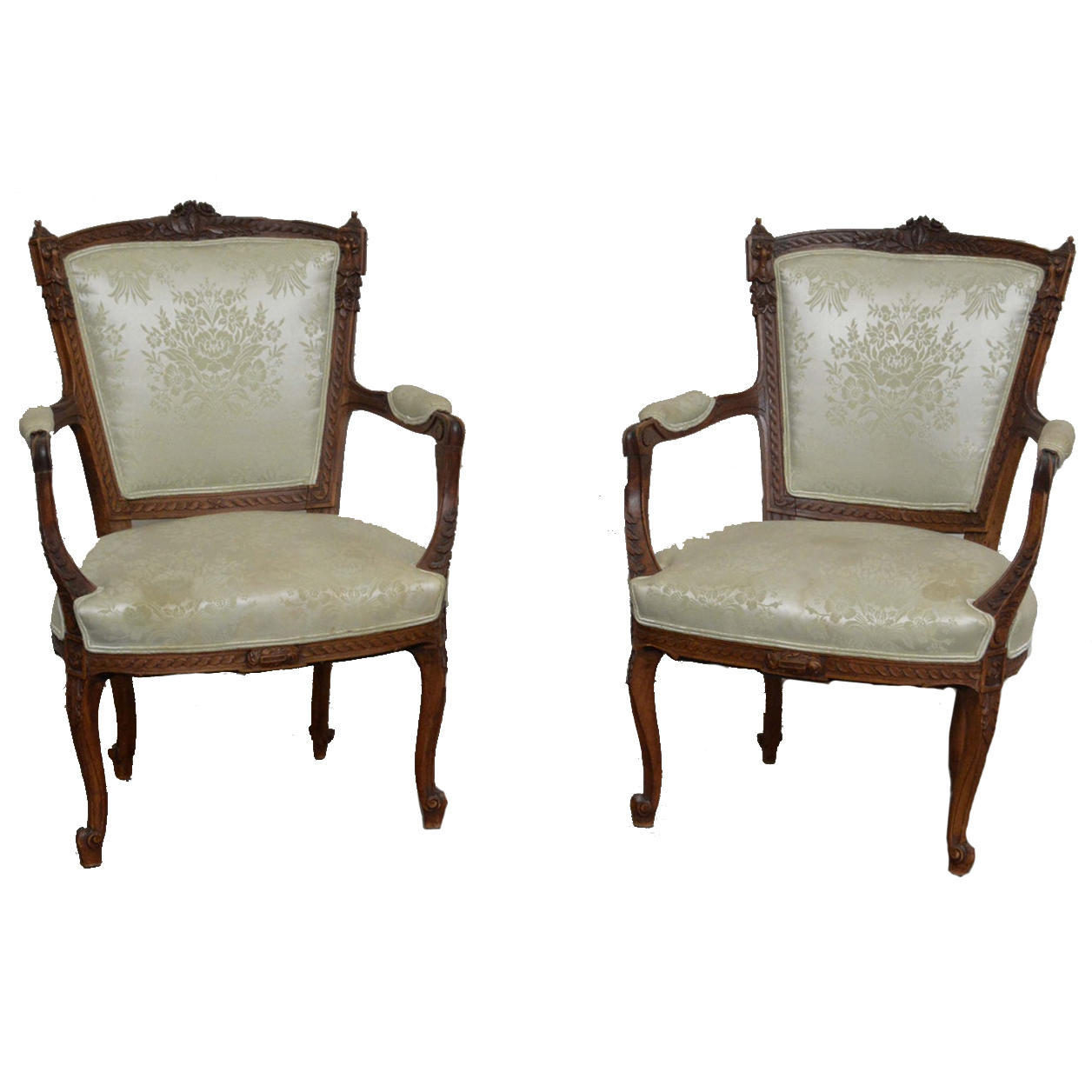 French Provincial Style Carved Wood and Upholstered Armchairs, Mid 20th Century