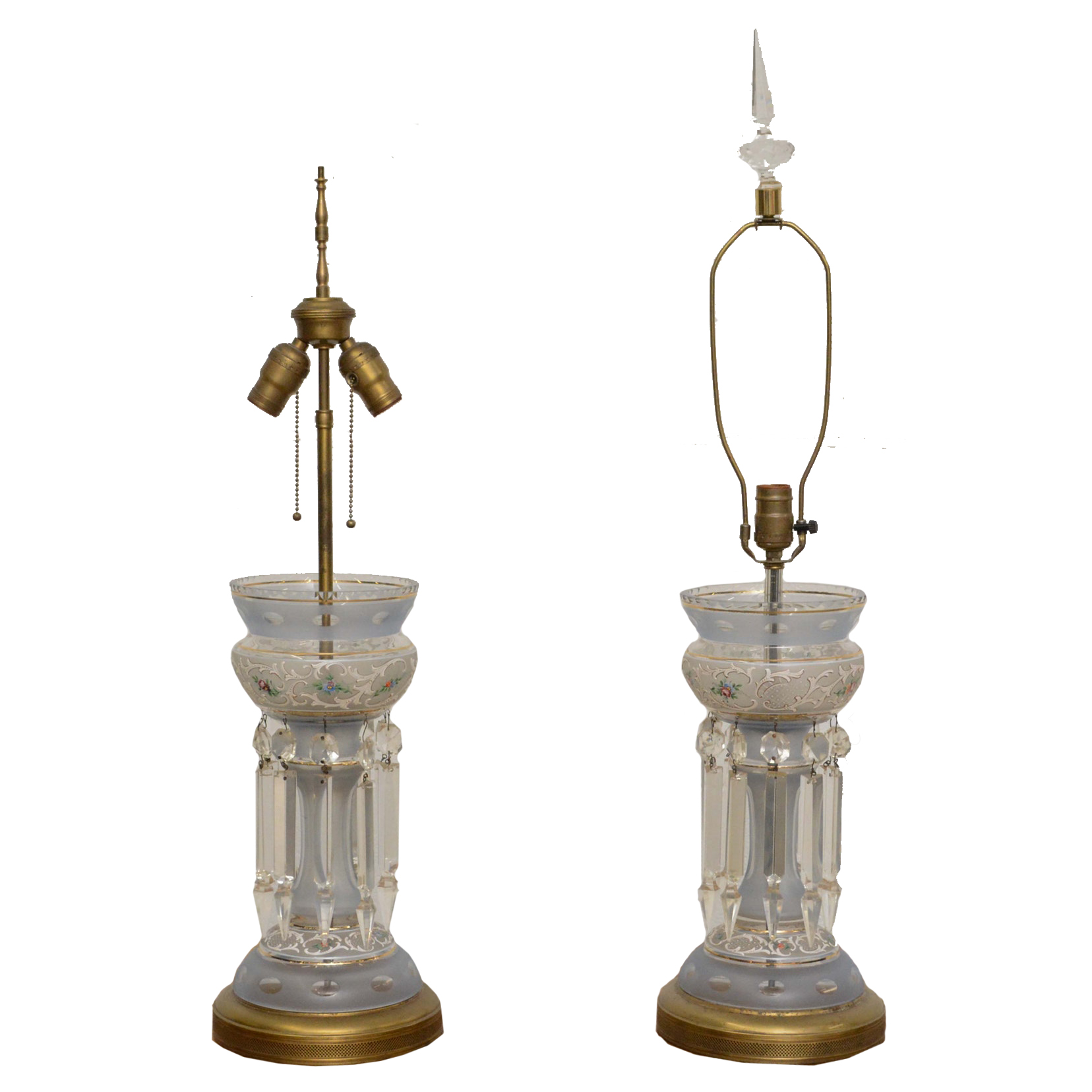 Converted Hand Decorated Glass Mantel Lustre Table Lamps with Crystal Prisms