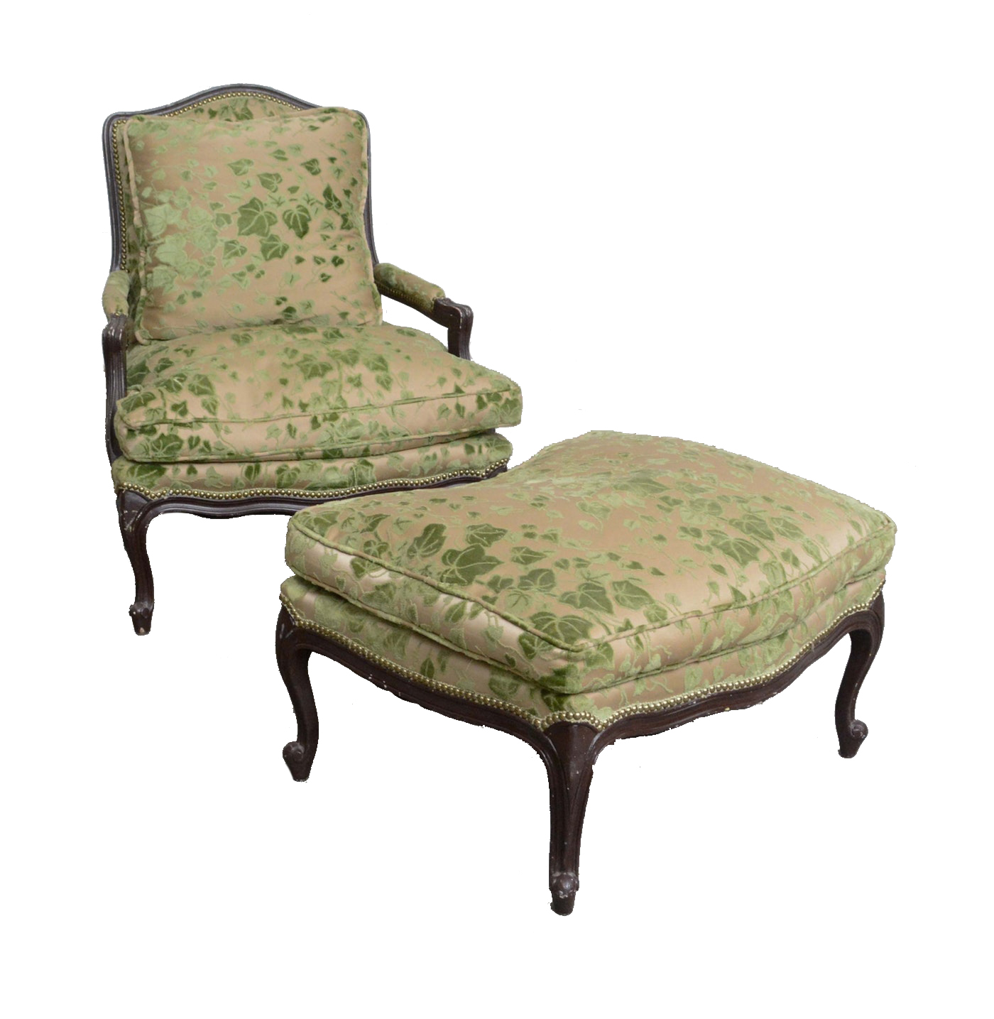 Louis XV Style Upholstered Armchair and Ottoman, Mid 20th Century