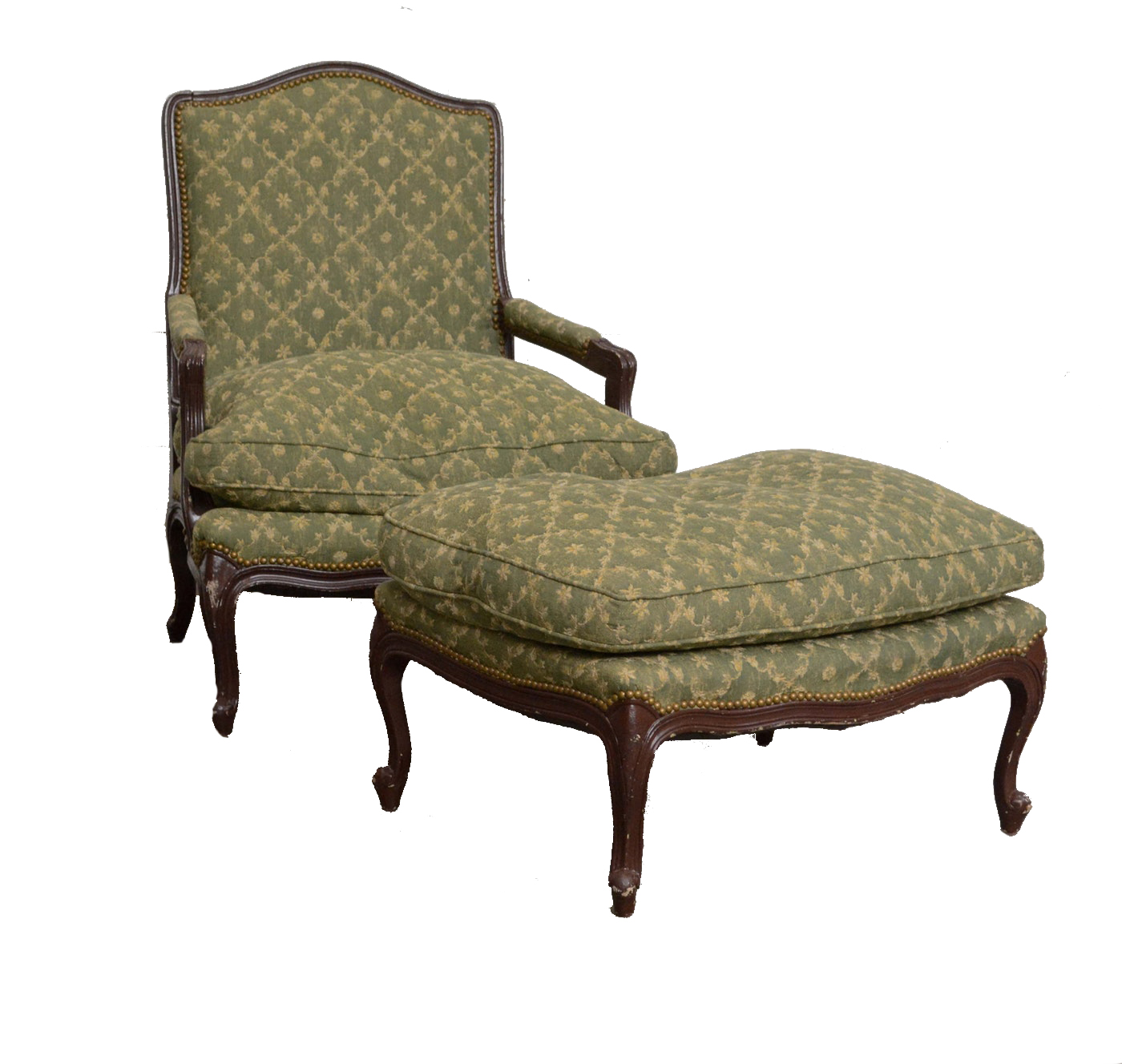 French Provincial Style Upholstered Bergere with Ottoman, 20th Century