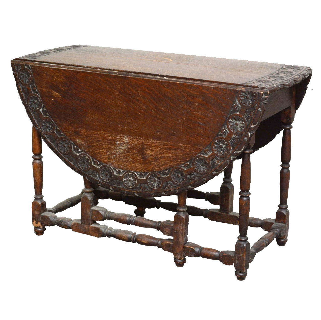 Charles II Style Carved Oak Gate Leg Table, 20th Century