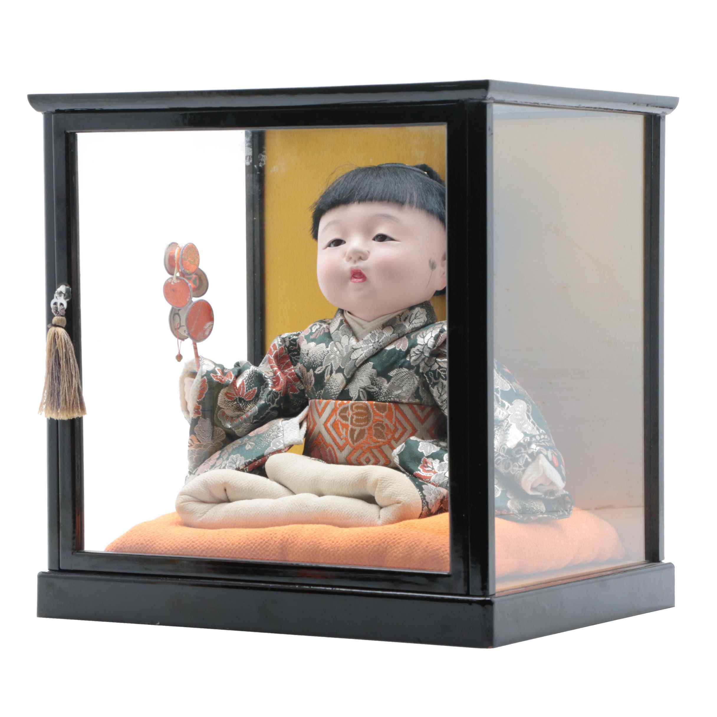 Japanese Gofun Doll in Lacquer Display Case, 20th Century