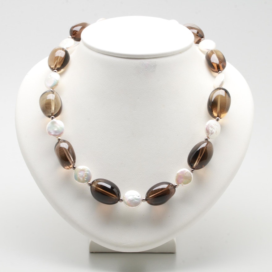 Donna Dressler Sterling Silver Smoky Quartz and Mother of Pearl Necklace