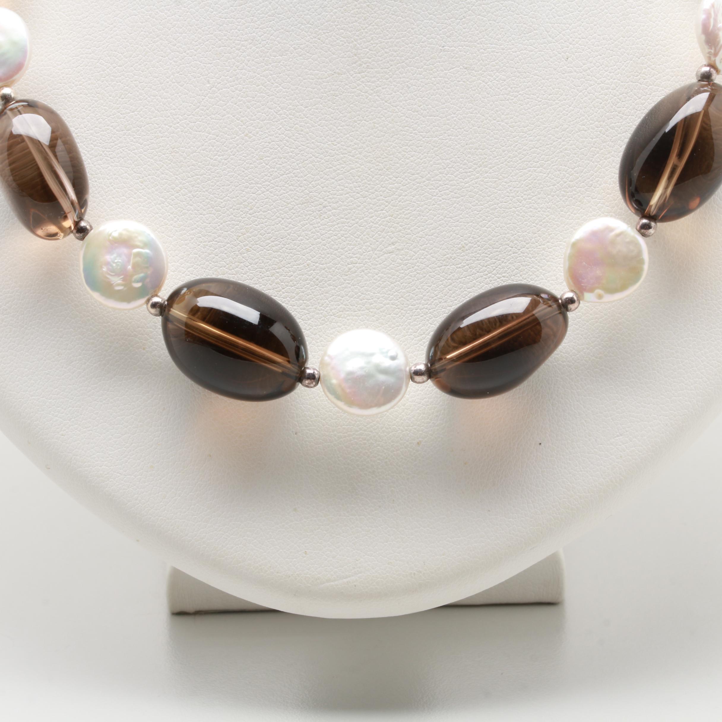Donna Dressler Sterling Silver Smoky Quartz and Mother of Pearl Necklace