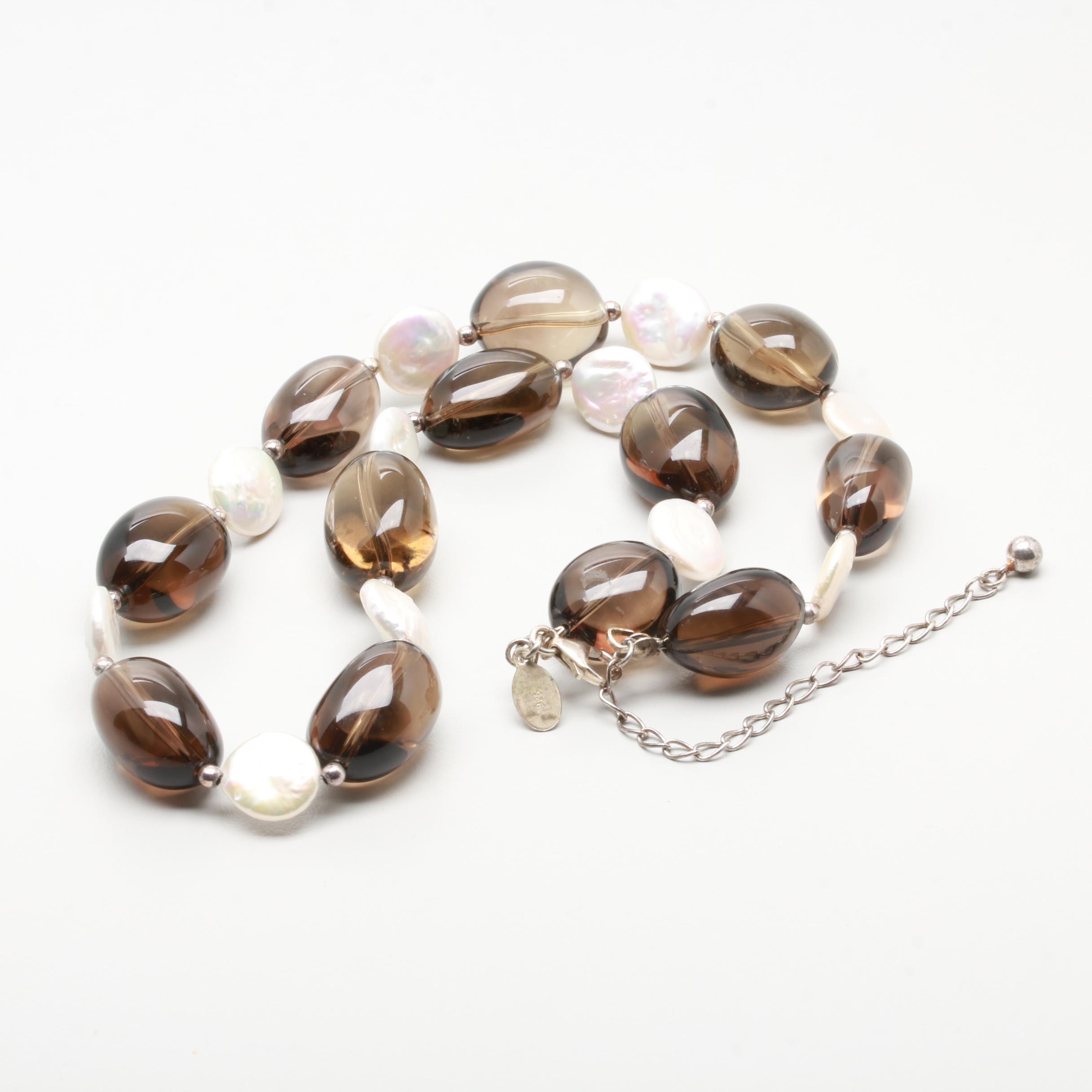 Donna Dressler Sterling Silver Smoky Quartz and Mother of Pearl Necklace