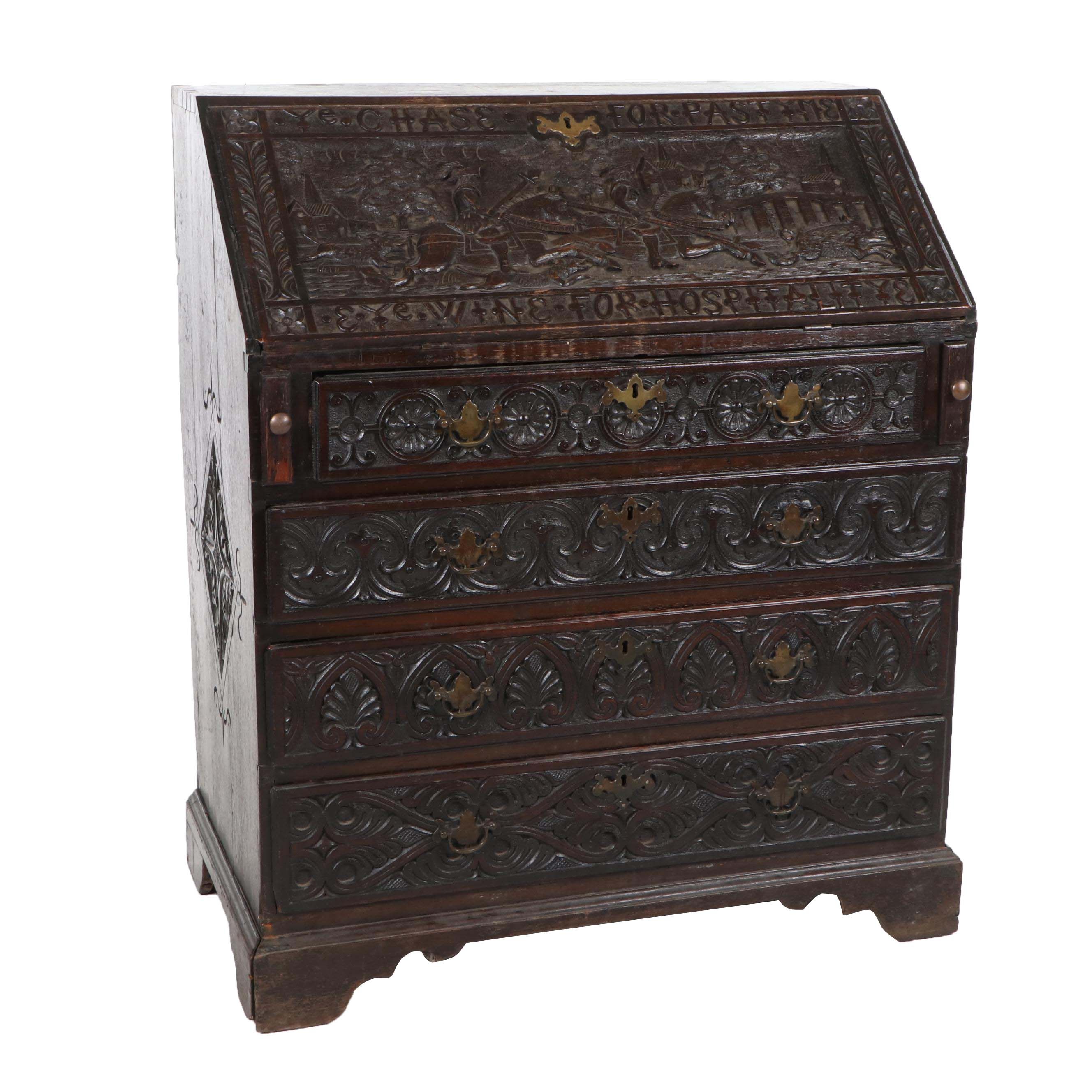 Victorian Carved Oak Bureau, Late 19th Century