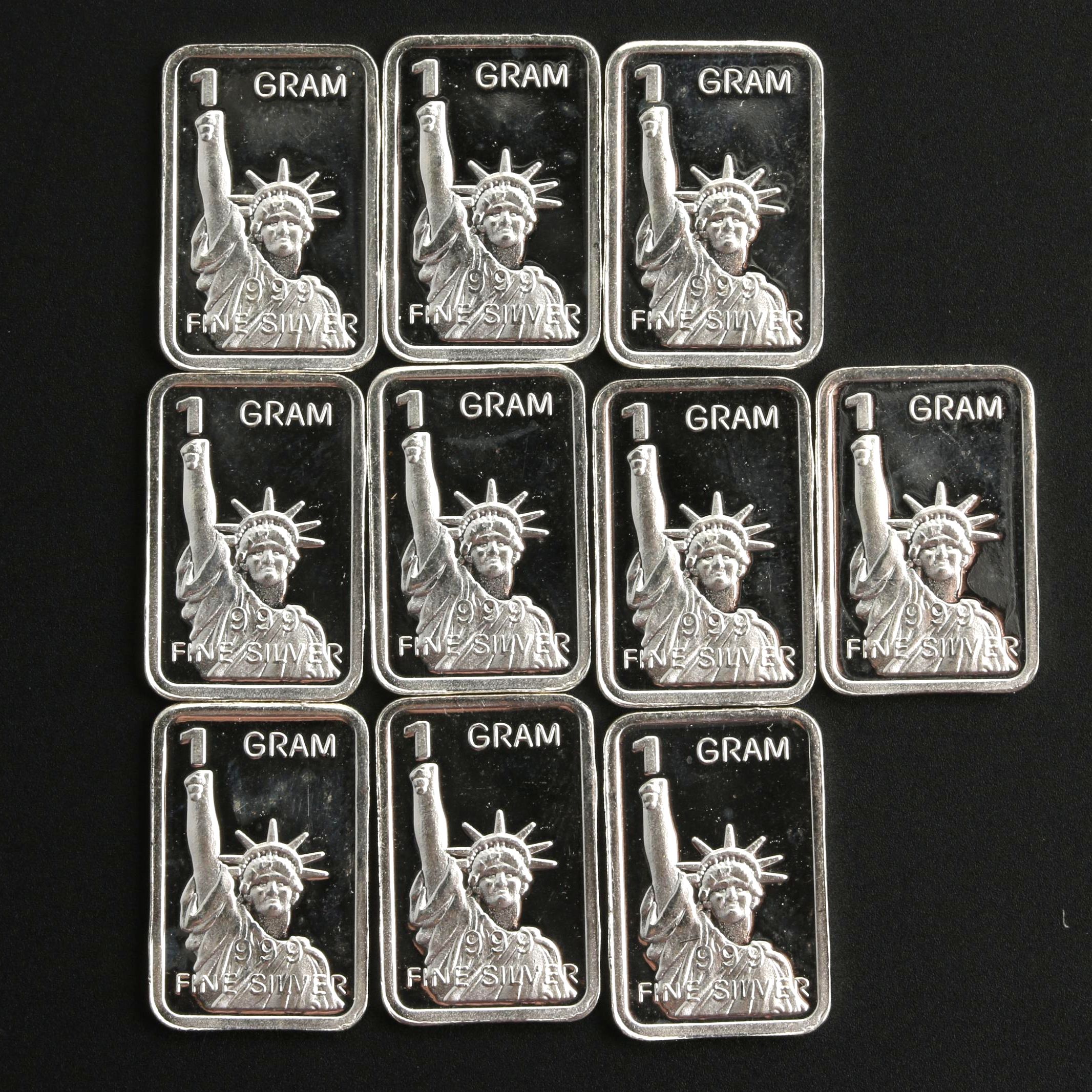 Group of Ten One Gram Silver Ingots Depicting The Statue of Liberty