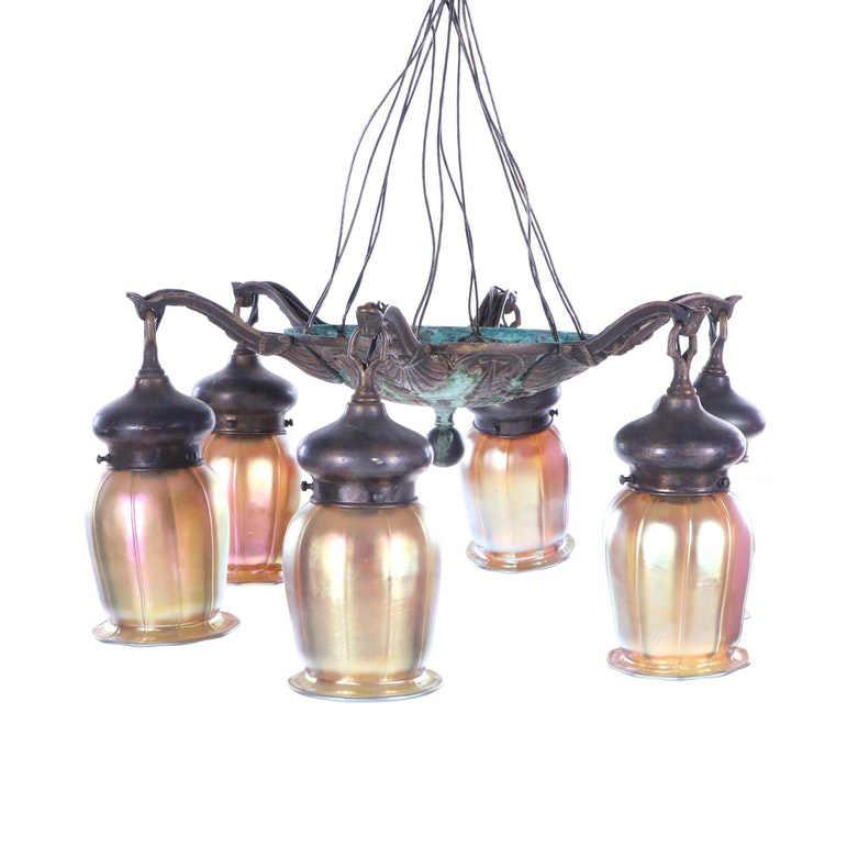 Iridescent Glass Shades Attributed to Quezal together with a Bronze Chandelier