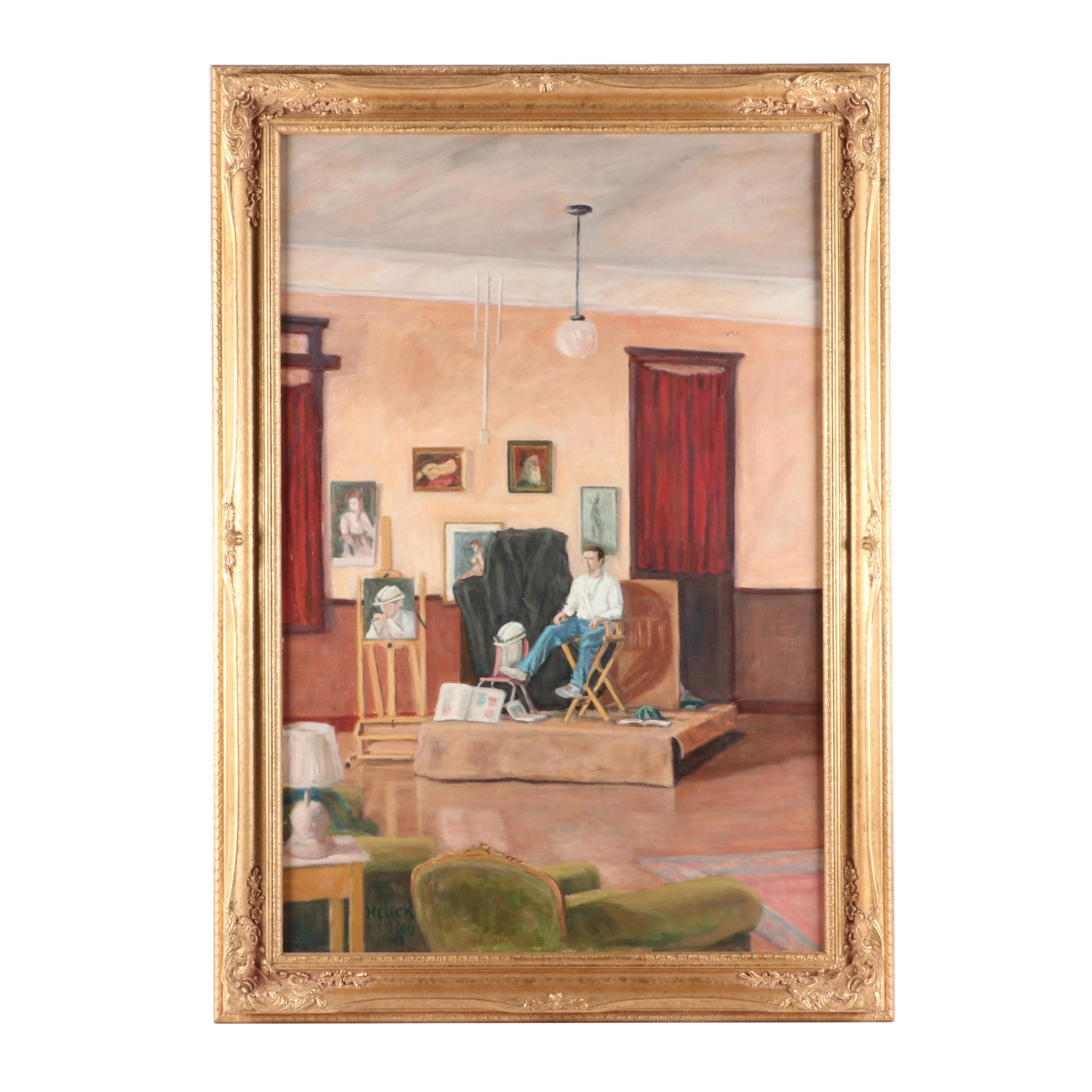 Roger William Heuck Oil Painting of Figure in Artist Studio