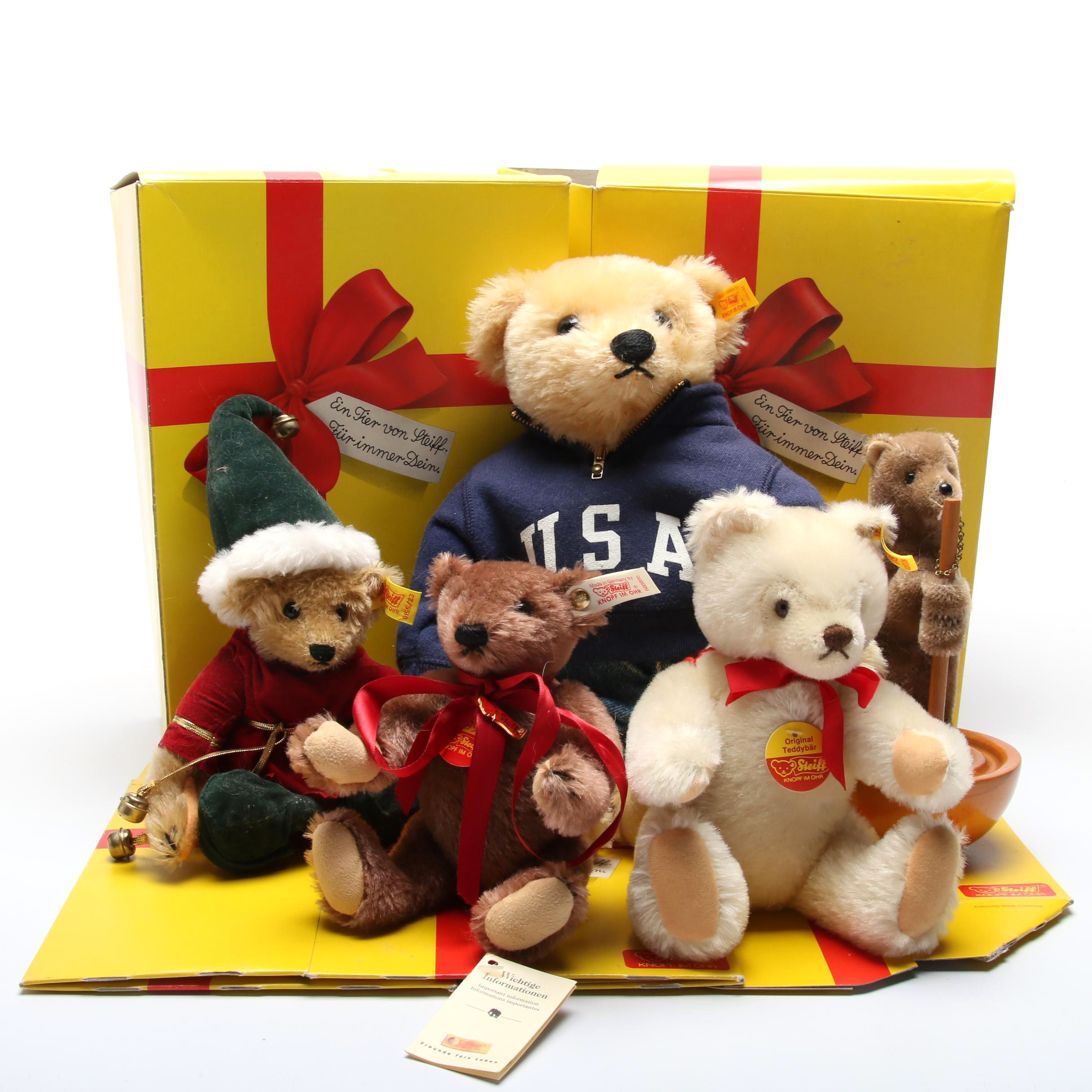 German Steiff Stuffed Bears, Tumbling Bear and Gift Boxes