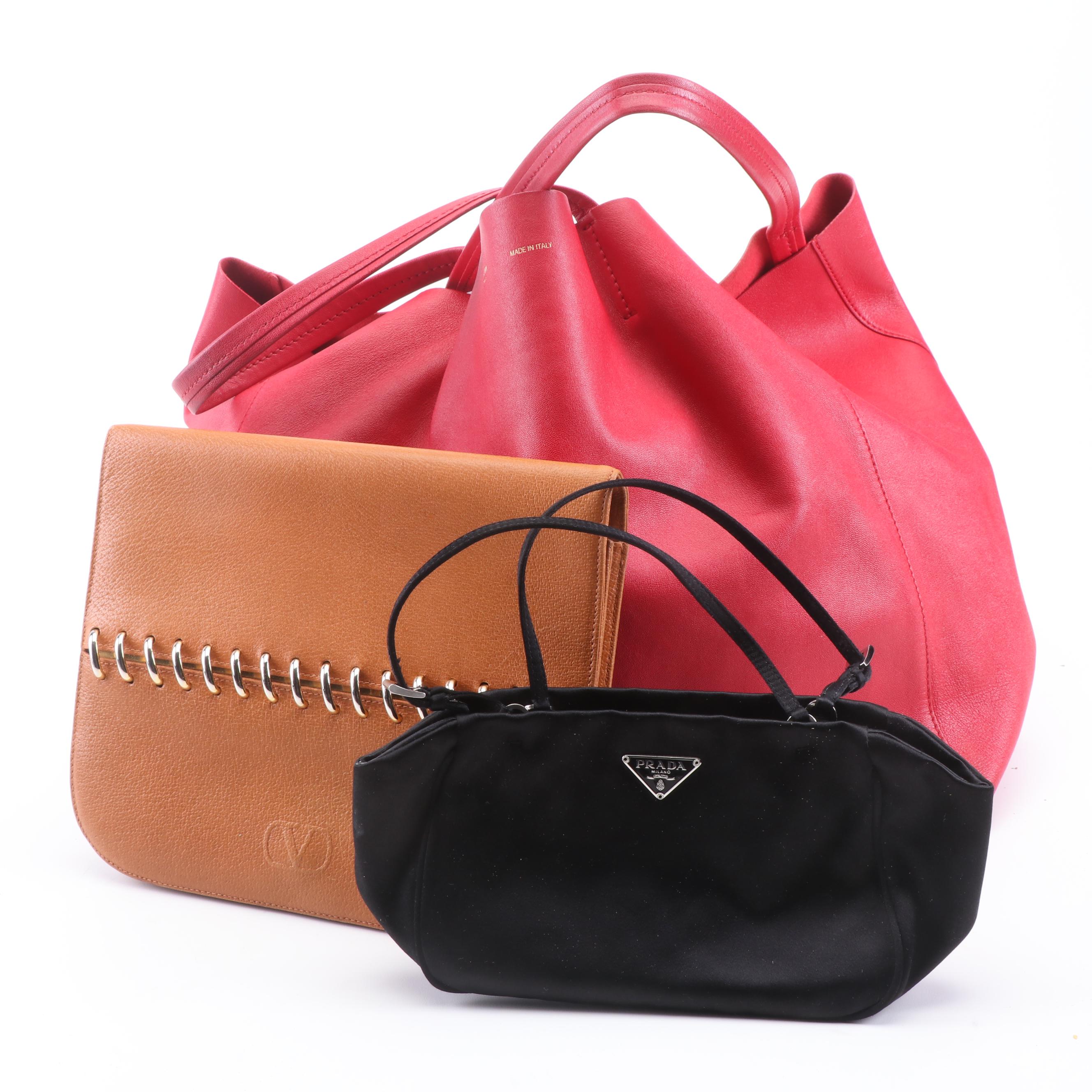 Prada Nylon Handbag, Céline Leather Tote and Valentino Garavani Orange Clutch