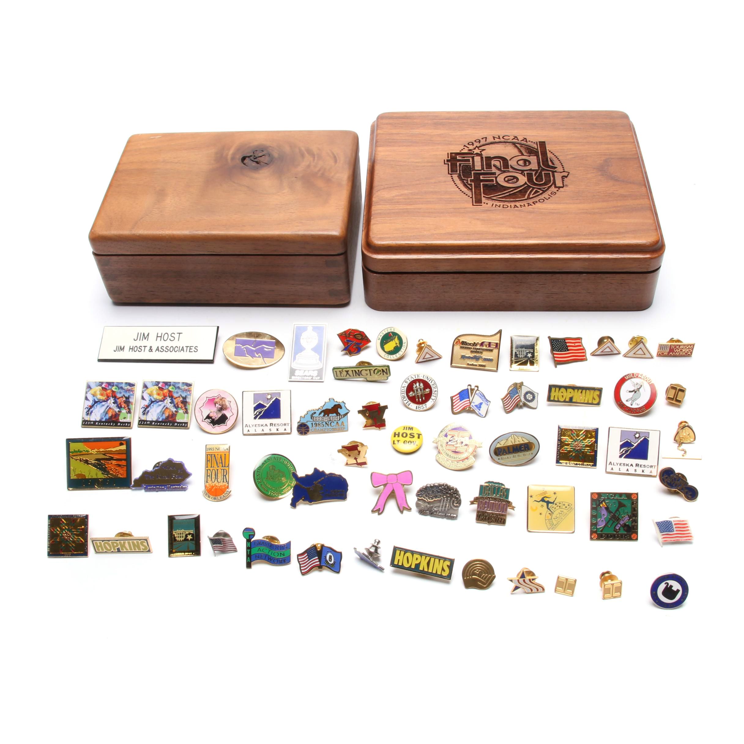 Assorted Pinbacks and 1997 Final Four Wood Vanity Box From the Host Collection