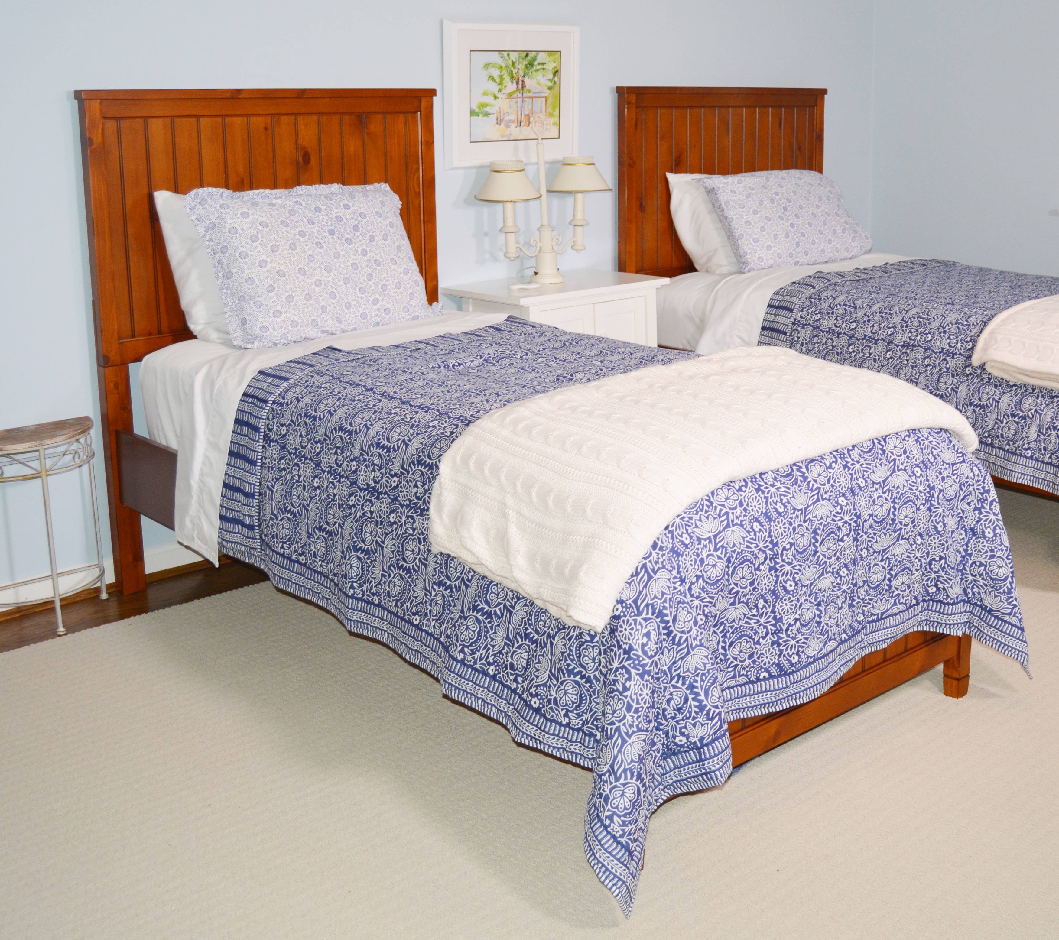 Pottery Barn Pine Beadboard Twin Bed, Pottery Barn Blanket and Ballard Coverlet