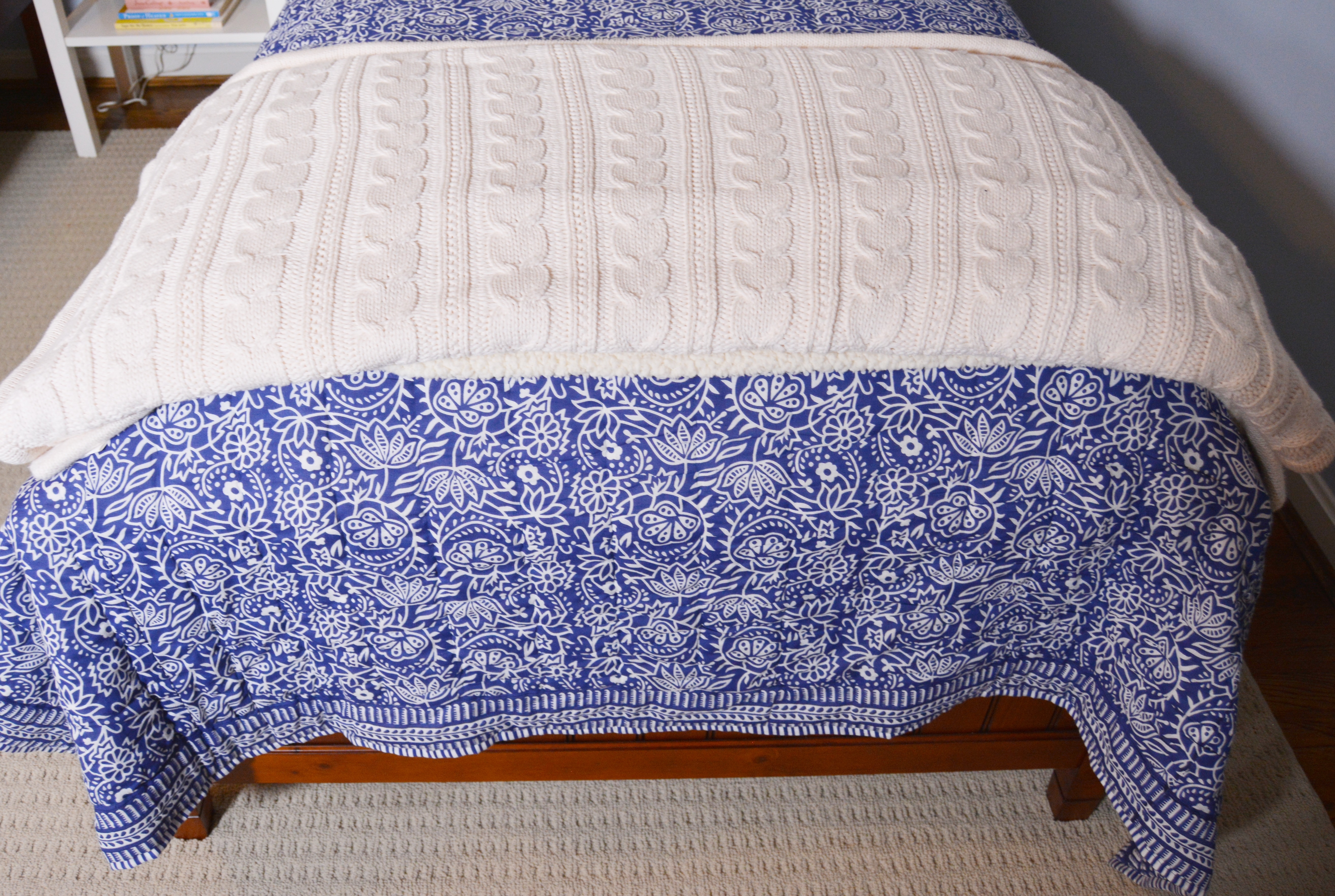 Pottery Barn Pine Beadboard Twin Bed, Pottery Barn Blanket and Ballard Coverlet