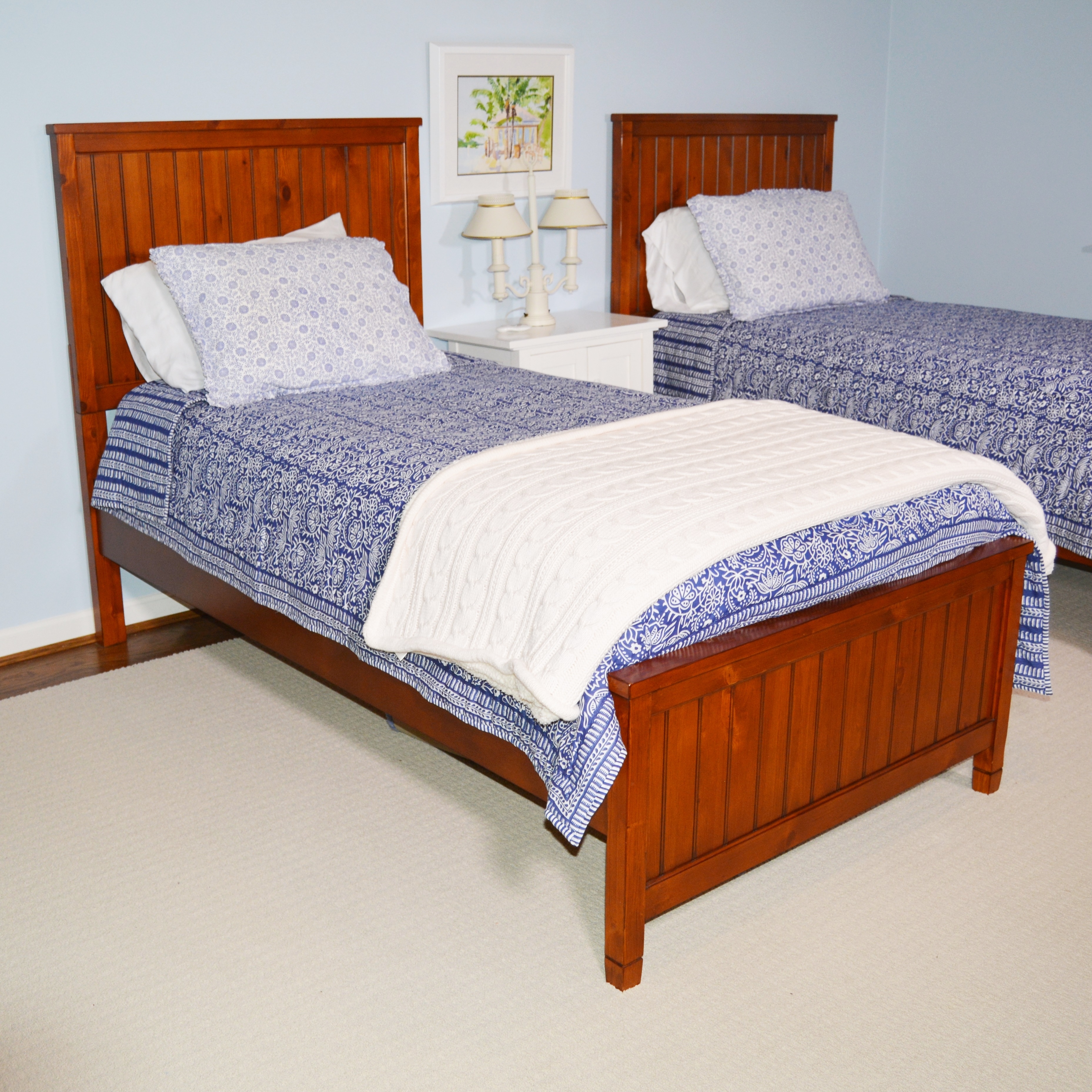 Pottery Barn Pine Beadboard Twin Bed, Pottery Barn Blanket and Ballard Coverlet
